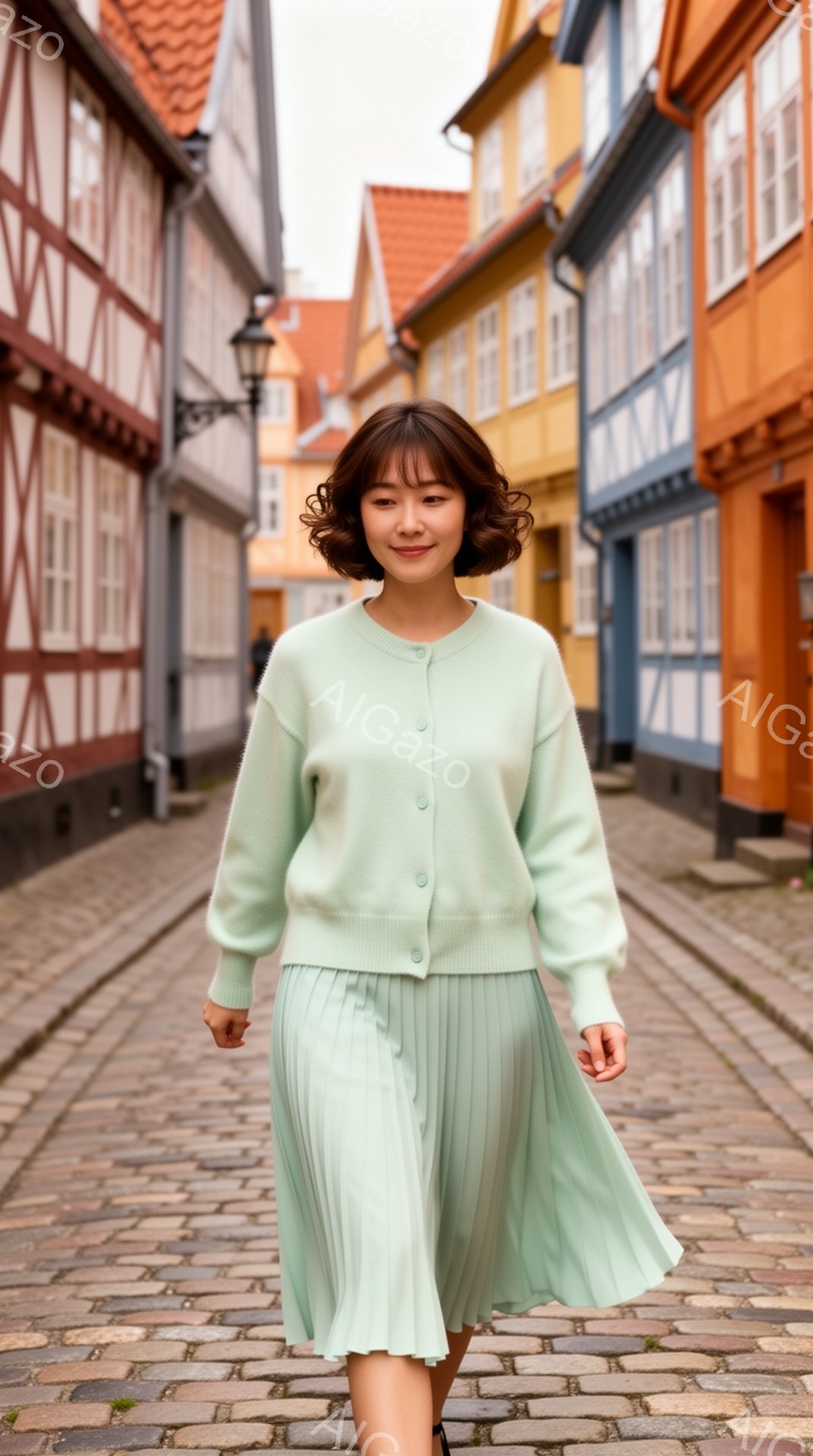 明るいパステルグリーンのカーディガンとプリーツスカートを身につけた女性が、石畳の道の中央を歩いている。彼女は微笑んでおり、髪は肩までの長さで、内側にカールされている。背景には、カラフルな木造建築が並び、晴れた日の穏やかな雰囲気が漂っている。