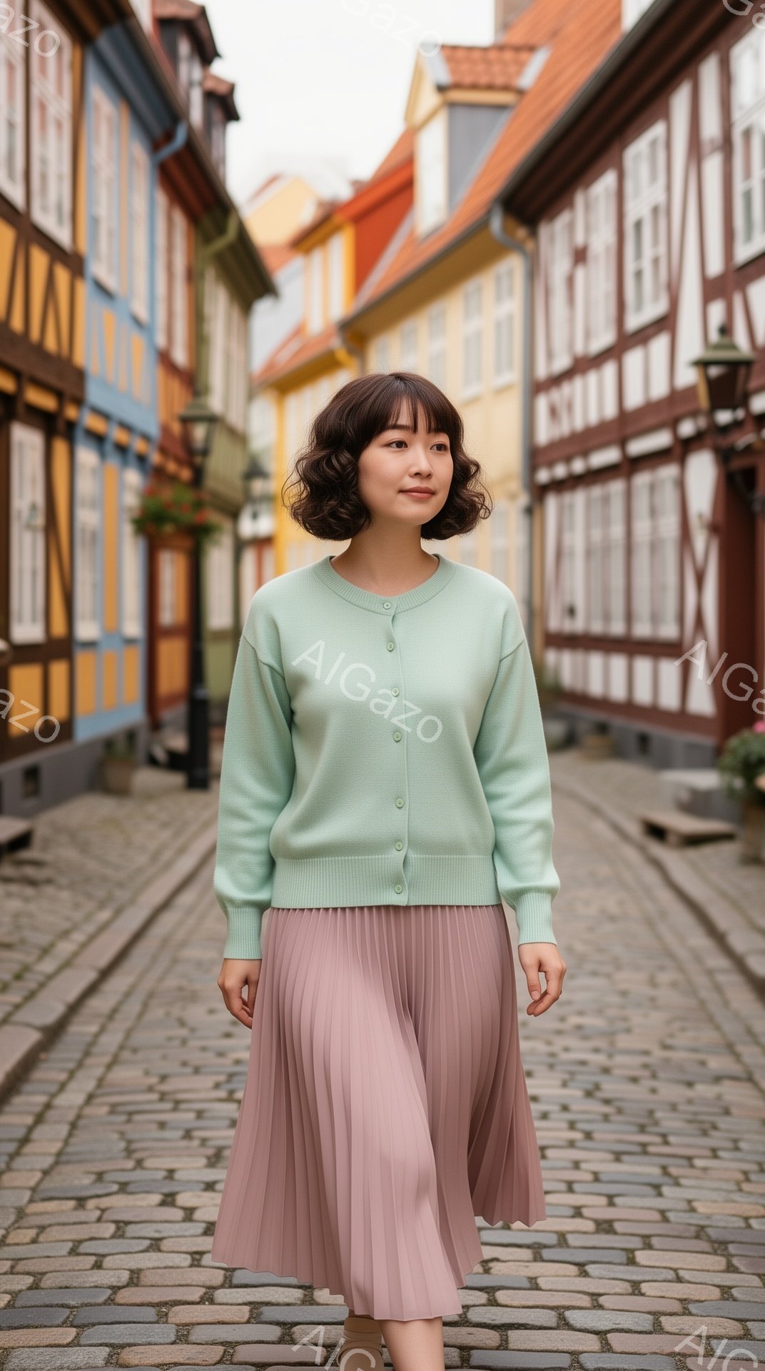 浅い緑色のカーディガンとピンク色のプリーツスカートを着用した女性が、石畳の道を進んでいます。彼女は黒髪で、前髪が目にかかるようにカットされ、少し微笑んでいます。背景には、カラフルな木造建築が並び、曇天の下、落ち着いた雰囲気の街並みが広がっています。