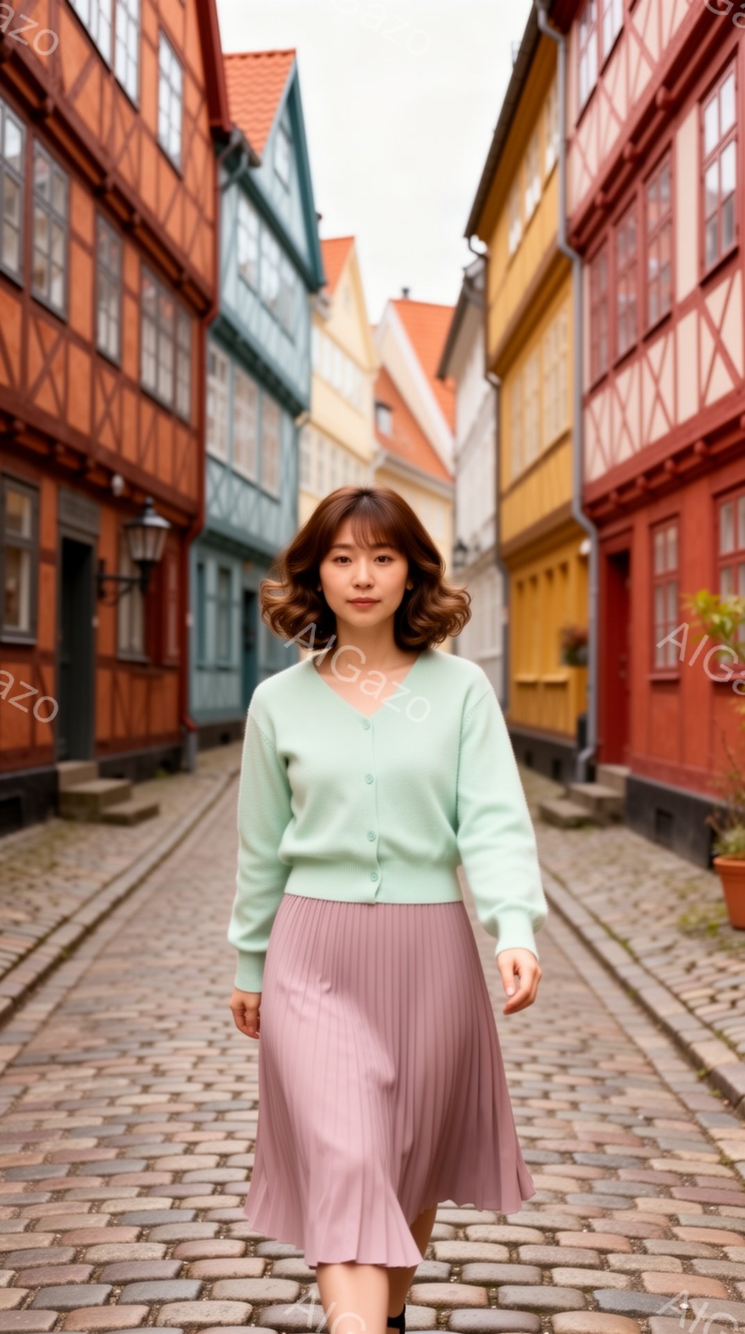 浅緑色のカーディガンと、くすんだピンク色のプリーツスカートを着た女性が、石畳の道の中央をまっすぐ歩いている。彼女は髪を軽くカールさせ、穏やかな表情で正面を見つめている。背景には、カラフルな木造建築が立 - AI生成フリー素材