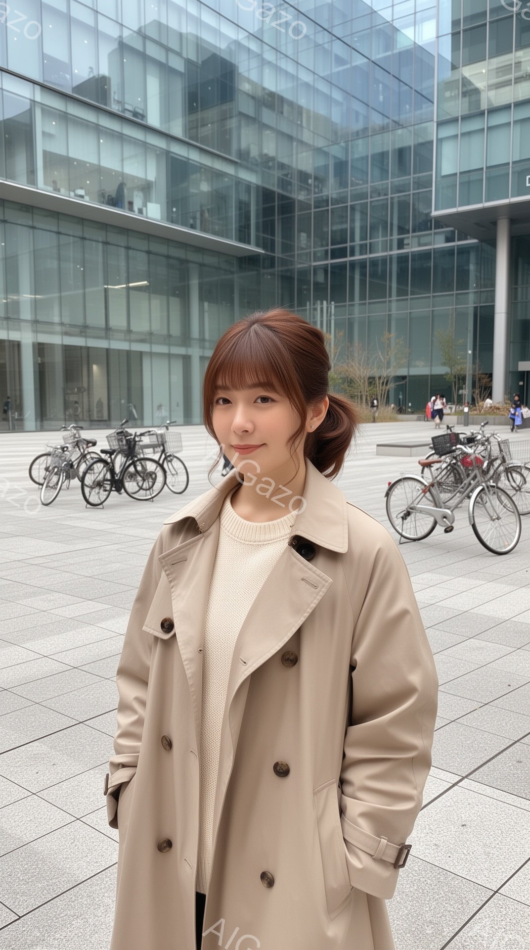 茶髪の女性がベージュ色のトレンチコートと白いセーターを着て立っています。彼女は微笑んでおり、髪は軽くカールして顔の周りに落ちています。背景には、ガラス張りの近代的な建物と、いくつかの自転車が並び、灰色 - AI生成フリー素材