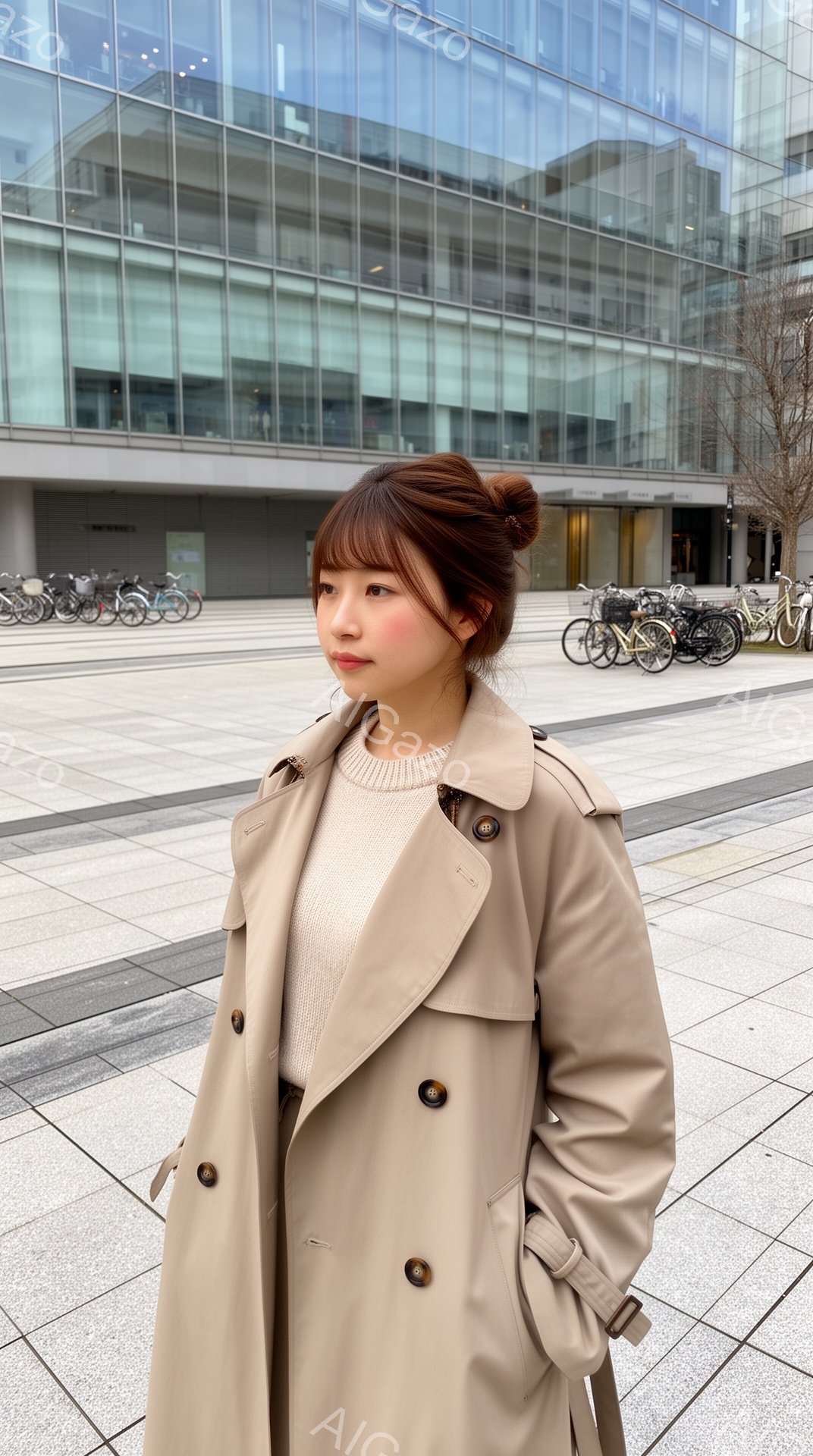 ベージュのトレンチコートを羽織った女性が、グレーのタイルが敷かれた広場に立っている。彼女は髪をアップにしており、少し微笑んだ表情で、リラックスした姿勢で正面を見ている。背景にはガラス張りの近代的な建物 - AI生成フリー素材