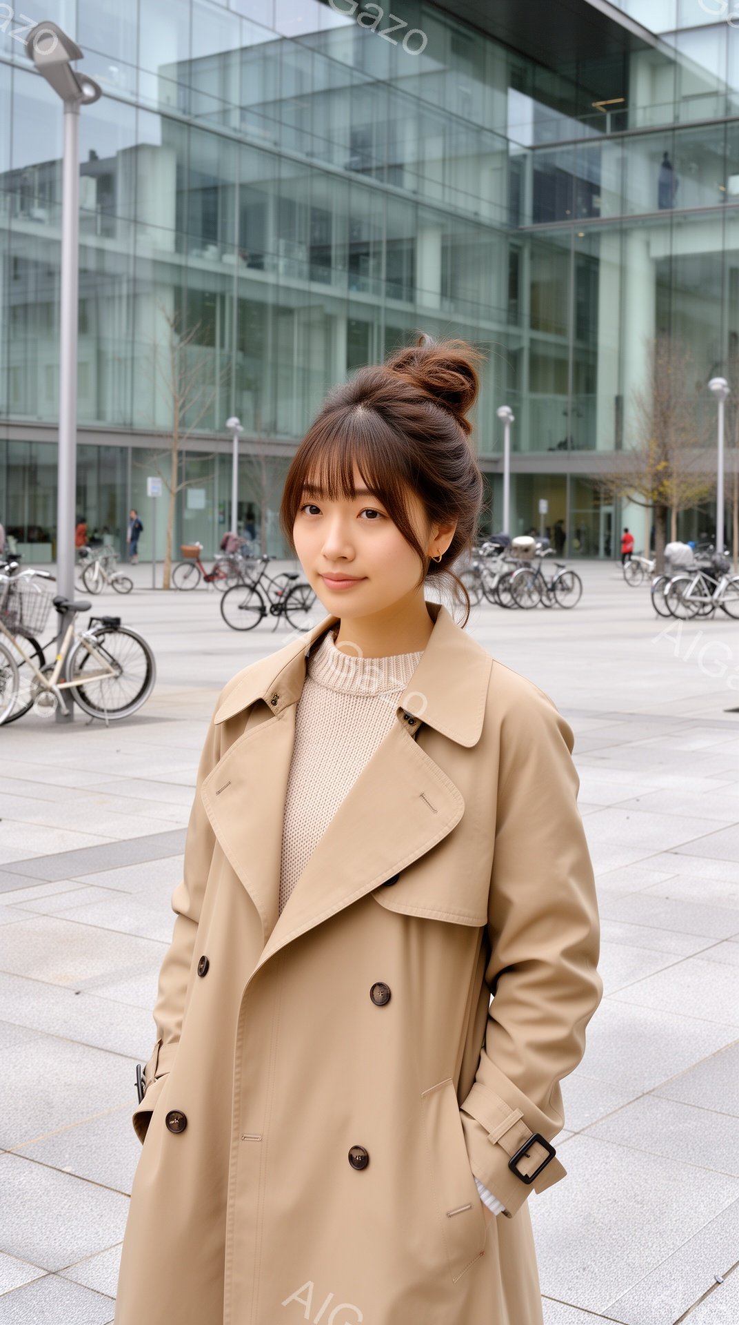 ベージュ色のトレンチコートを羽織った女性が写っています。髪は後ろでまとめられ、顔には穏やかな微笑みが浮かんでいます。背景にはガラス張りの近代的な建物と自転車が並び、晴天の下、都会的な雰囲気が漂っていま - AI生成フリー素材