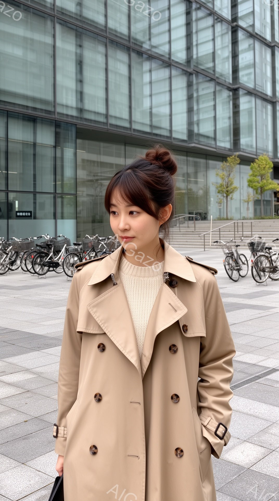 若い女性がベージュ色のトレンチコートを着て立っています。彼女は髪を後ろでまとめ、穏やかな表情で正面を見つめています。背景には近代的なガラス張りの建物と自転車が並び、明るい日差しが差し込んでいます。 - AI生成フリー素材