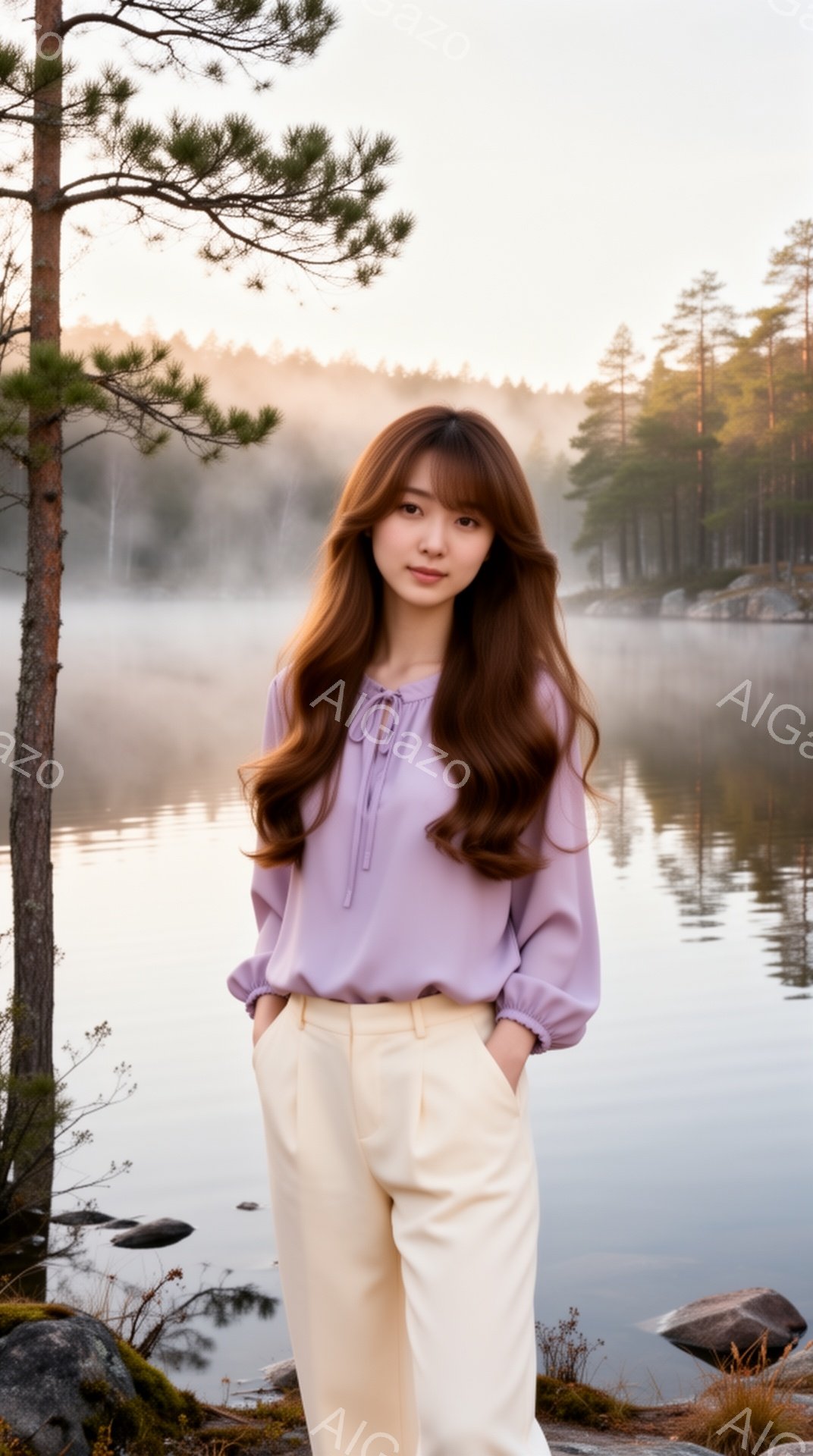 長い茶色の髪をルーズにウェーブさせた女性が、薄紫色のブラウスとクリーム色のパンツを着用し、両手をポケットに入れています。彼女はわずかに微笑み、落ち着いた表情をしています。背景には霧のかかった湖と森林があり、全体的に穏やかで静謐な雰囲気が漂っています。