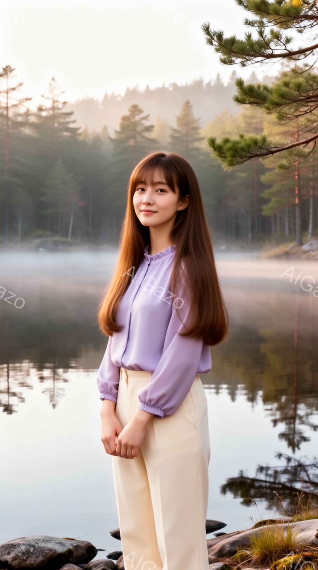明るい紫色のブラウスとクリーム色のズボンを身に着けた若い女性が写っている。彼女は長く、ゆるやかなウェーブのかかった髪をしており、穏やかな微笑みを浮かべている。背景には、霧のかかった湖と針葉樹林が広がり - AI生成フリー素材