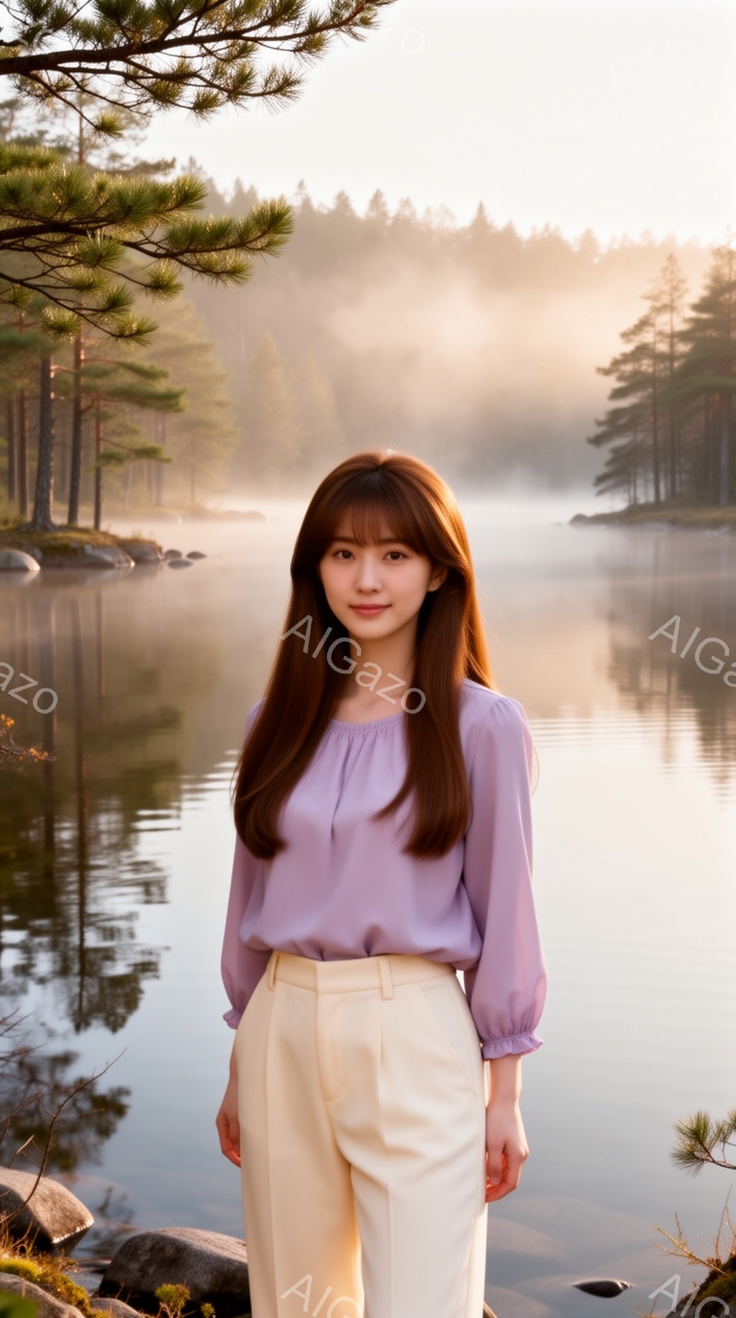 長い茶色の髪を肩まで垂らした若い女性が、淡い紫色のブラウスとクリーム色のハイウエストパンツを身に着けて立っています。彼女は穏やかな微笑みを浮かべ、落ち着いた表情で正面を見つめています。背景には霧に包ま - AI生成フリー素材