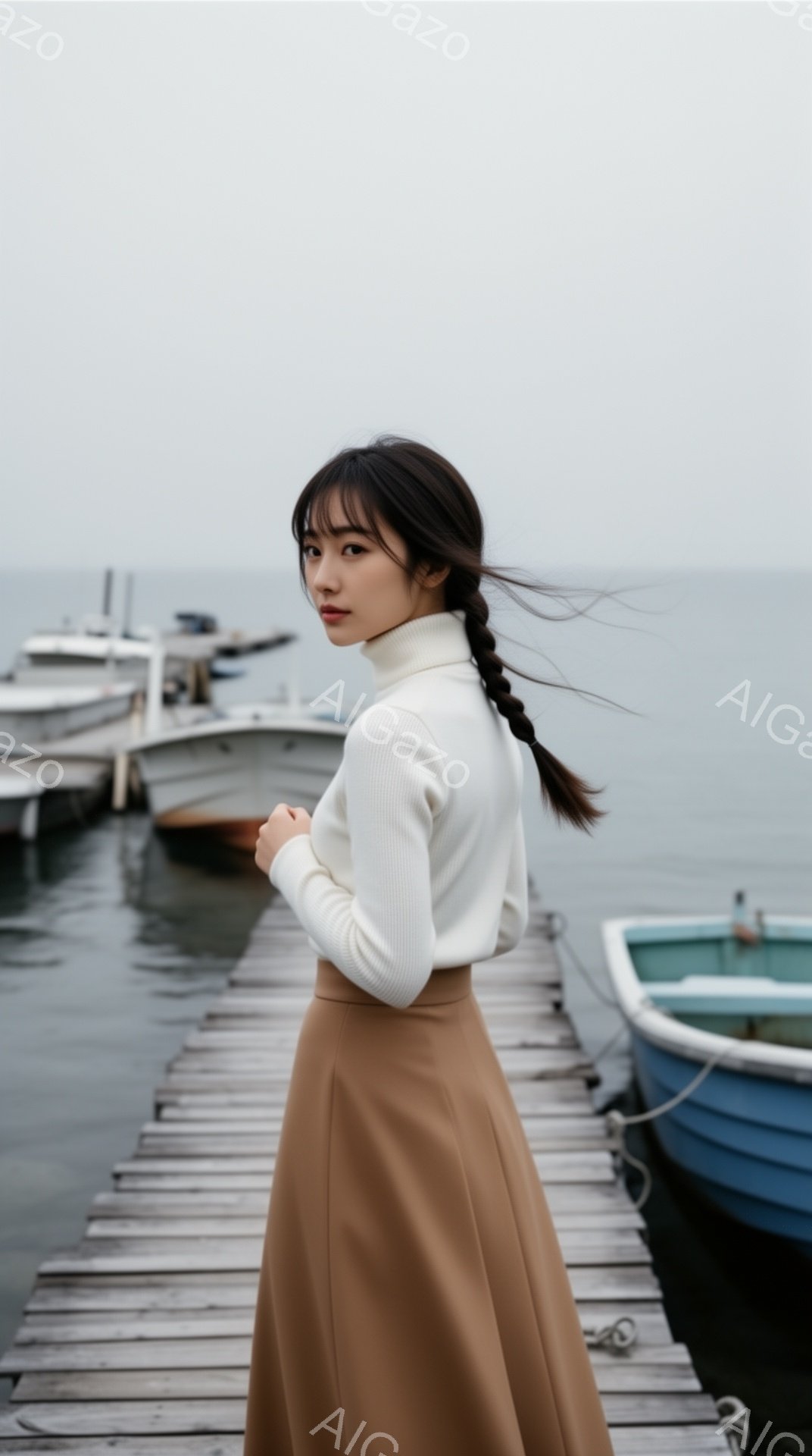 長い髪を三つ編みにした女性が、桟橋の上を歩いています。オフホワイトのタートルネックセーターとキャメル色のロングスカートを着用しており、少し振り返ってカメラを見ています。背景には、様々なボートとグレーがかった海が広がり、全体的に落ち着いた雰囲気が漂っています。