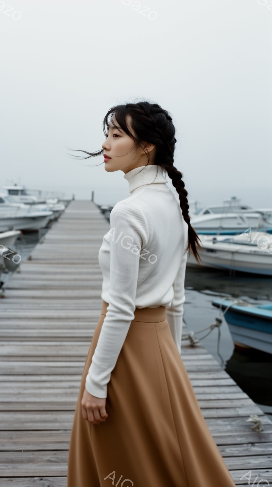 長い黒髪を後ろで一本に結んだ女性が、桟橋の上を歩いている様子が写っている。オフホワイトのタートルネックセーターと、キャメル色のフレアスカートを着用し、少し憂いを帯びた表情で横を向いている。背景には灰色がかった海と、停泊しているボートが並び、全体的に落ち着いた、静かな雰囲気が漂っている。
