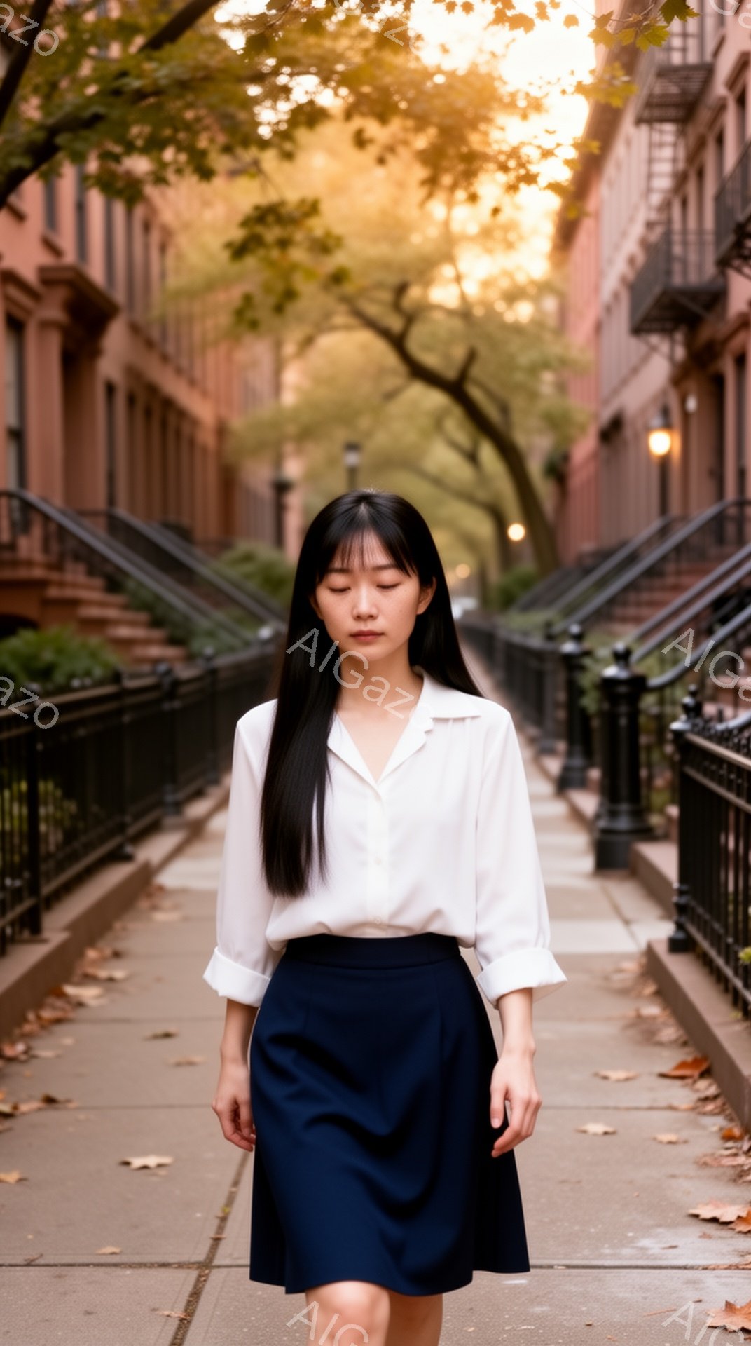 黒髪を伸ばした女性が、白いシャツと紺色のスカートを着て、レンガ造りの建並みが続く歩道の中央を歩いている。彼女は前を見据え、やや憂いを帯びた表情で、穏やかで物静かな雰囲気を醸し出している。背景には、秋の木々が並び、夕暮れ時の柔らかな光が差し込み、静かで穏やかな秋の日の情景が広がっている。