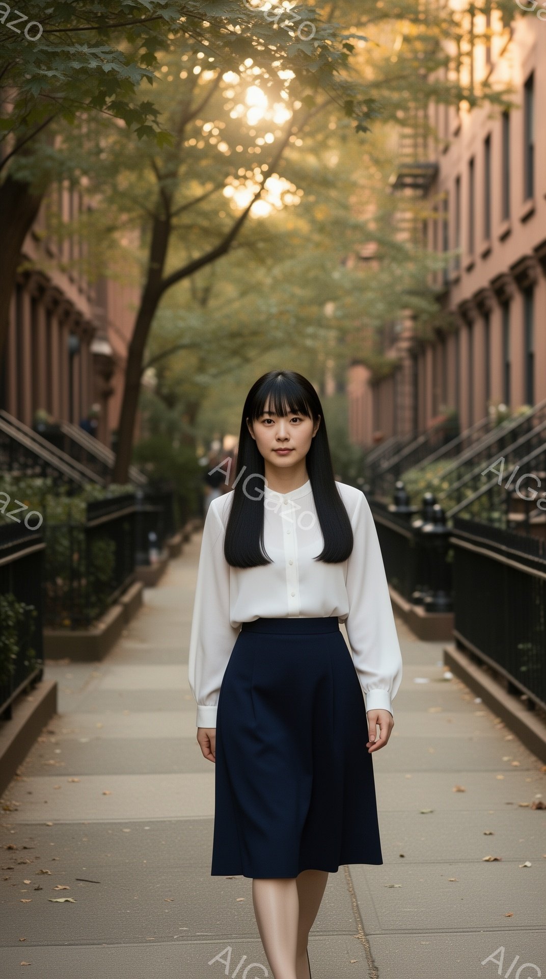 黒髪の女性が、白のブラウスと濃い青色のスカートを身に着けて、石畳の道の中央を歩いている。彼女は正面を見ており、表情は穏やかで、姿勢はまっすぐである。背景には、レンガ造りの建物が両側に見え、木々が茂り、秋らしい光が差し込んでいるため、静かで落ち着いた雰囲気を感じさせる。