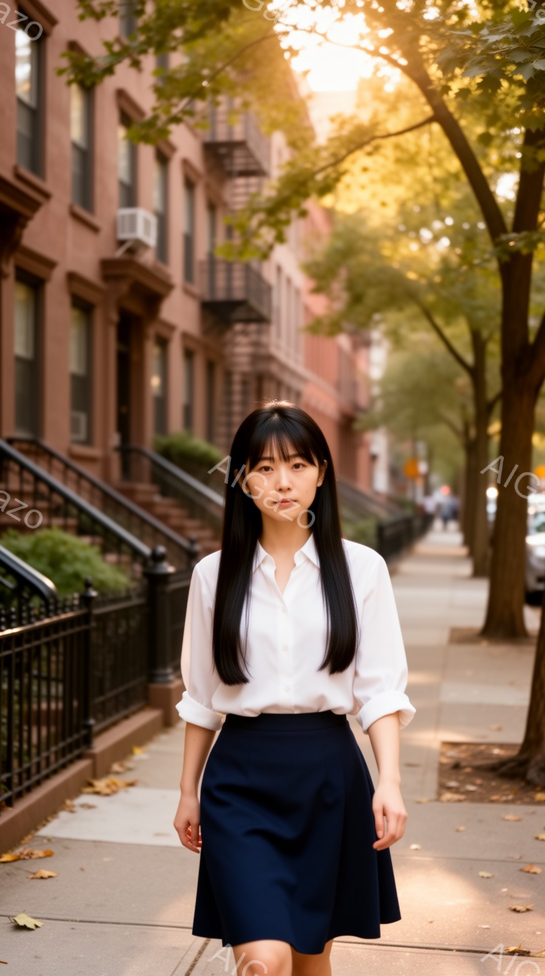 この女性は、白いシャツと紺色のフレアスカートを身に着けて、ニューヨークの並木道を進んでいます。長い黒髪はストレートに伸び、前髪は眉毛にかかる程度にカットされています。背景にはレンガ造りの建物が並び、日差しが差し込み、穏やかで洗練された雰囲気を醸し出しています。