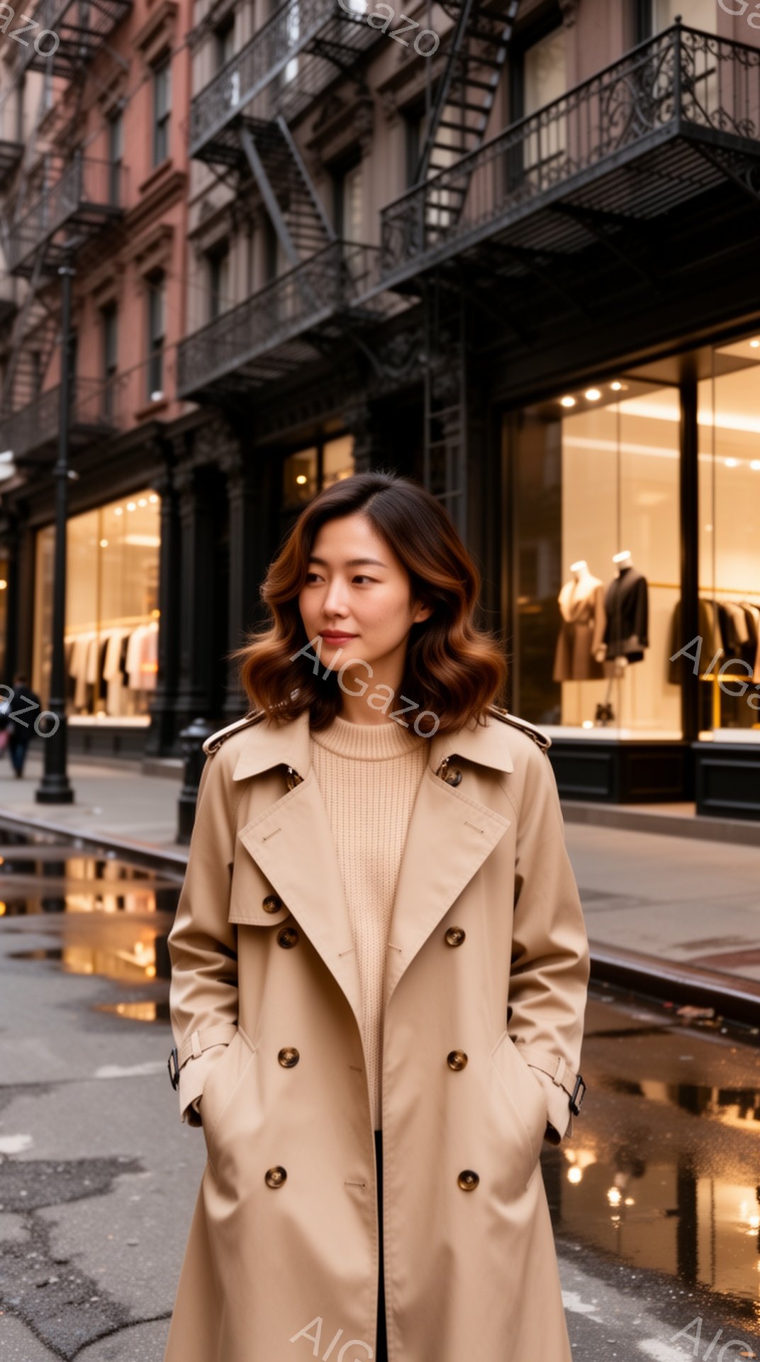 ベージュのトレンチコートを着た女性が、街路に立っている。彼女は柔らかな笑顔を浮かべ、髪は肩までのウェーブがかかったスタイルだ。背景には、ショーウィンドウが並ぶレンガ造りの建物が立ち並び、濡れた路面が雨上がりの雰囲気を醸し出している。