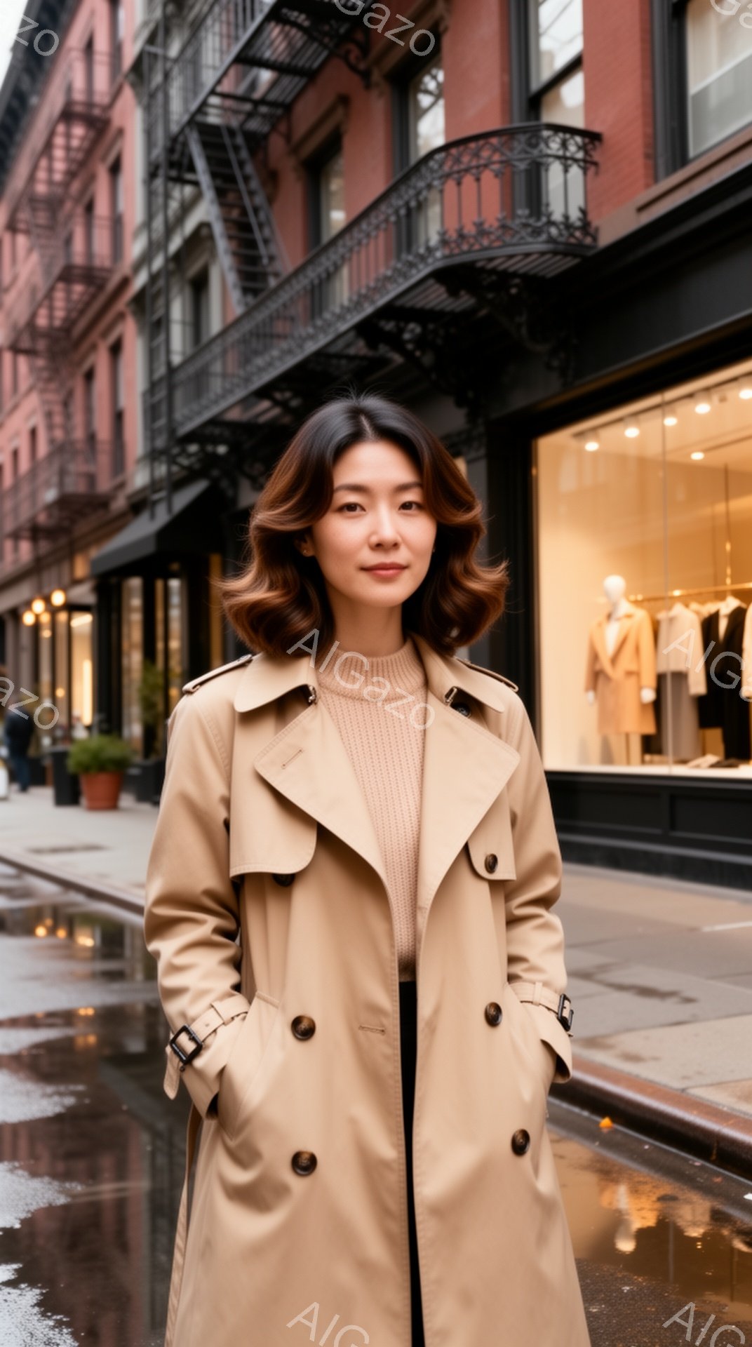 ベージュ色のトレンチコートを羽織った女性が写っています。彼女は優しい表情でカメラを見つめ、肩までかかるゆるいウェーブヘアが特徴的です。背景にはレンガ造りの建物が並び、濡れた石畳の道が雨上がりの雰囲気を醸し出しています。