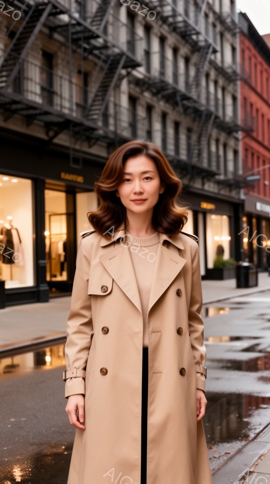 茶色のトレンチコートを着た女性が、道路に反射した光が映る街並みを背景に立っている。彼女はベージュのセーターを着ており、ゆるくウェーブのかかった髪は肩にかかっている。表情は穏やかで、自信に満ちた印象を与 - AI生成フリー素材
