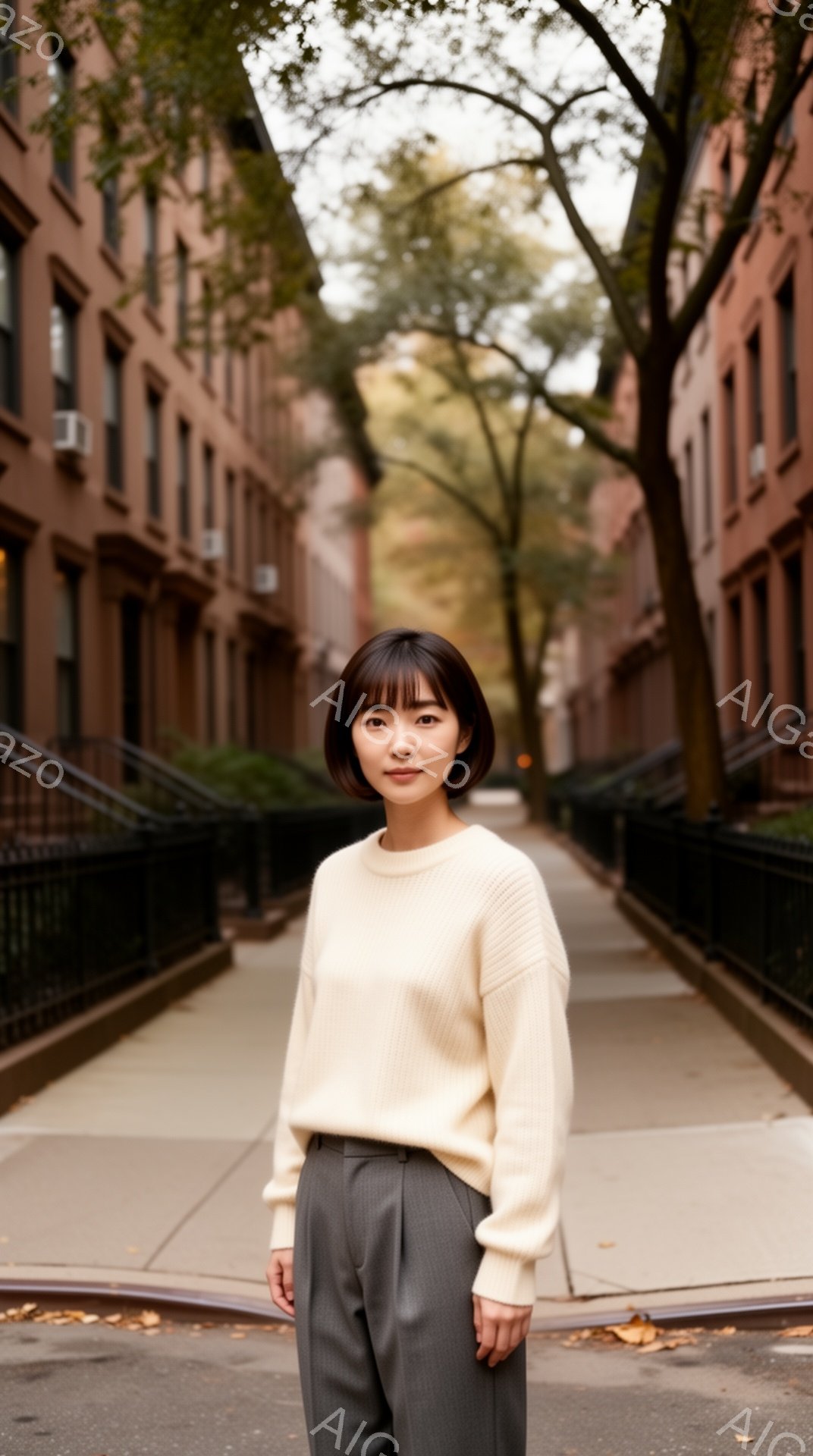 浅いベージュのセーターとグレーのトラウザーズを着用した若い女性が、レンガ造りの建物が並ぶ並木道で正面を向いて立っている。彼女は前髪を揃えたショートヘアで、穏やかな表情をしている。背景には木々が生い茂り、晴れた秋の日の穏やかな雰囲気が漂っている。