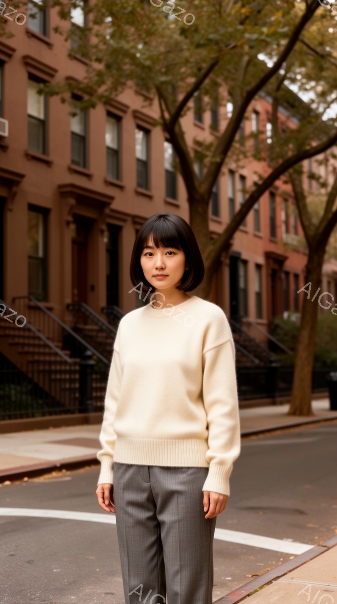 黒髪のボブヘアで、クリーム色のセーターとグレーのパンツを身につけた女性が写っている。彼女はまっすぐ立っており、穏やかな表情で正面を見つめている。背景にはレンガ造りの建物が並び、道路に落ち葉が散らばって - AI生成フリー素材