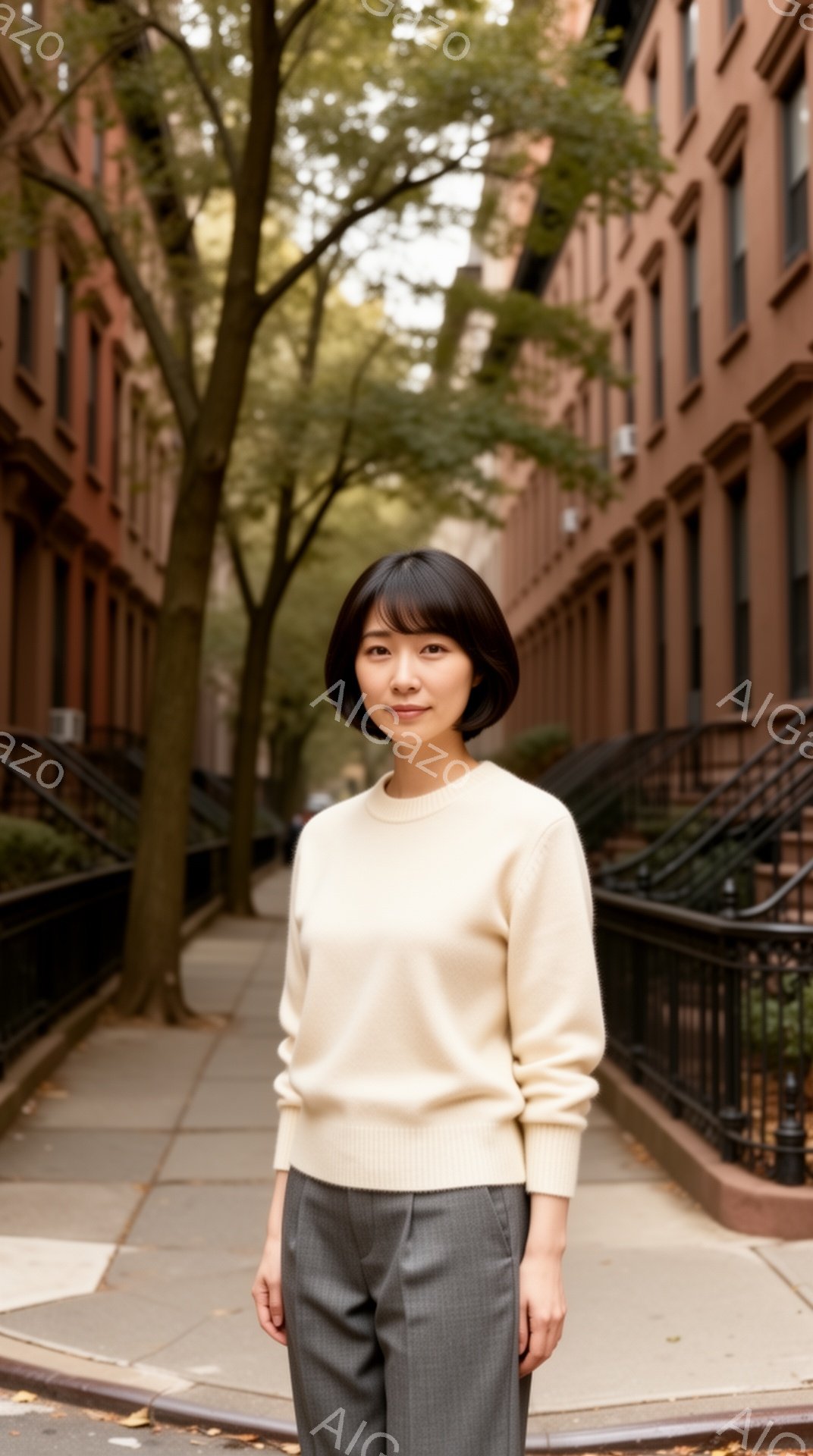 この女性は、ベージュのセーターとグレーのズボンを身に着け、ストレートの黒髪ヘアスタイルに整えています。彼女は正面をまっすぐ見ており、穏やかで落ち着いた表情をしています。背景には、レンガ造りの建物が並び、道路の脇には木々が立ち並び、晴れた日の穏やかな街並みが広がっています。