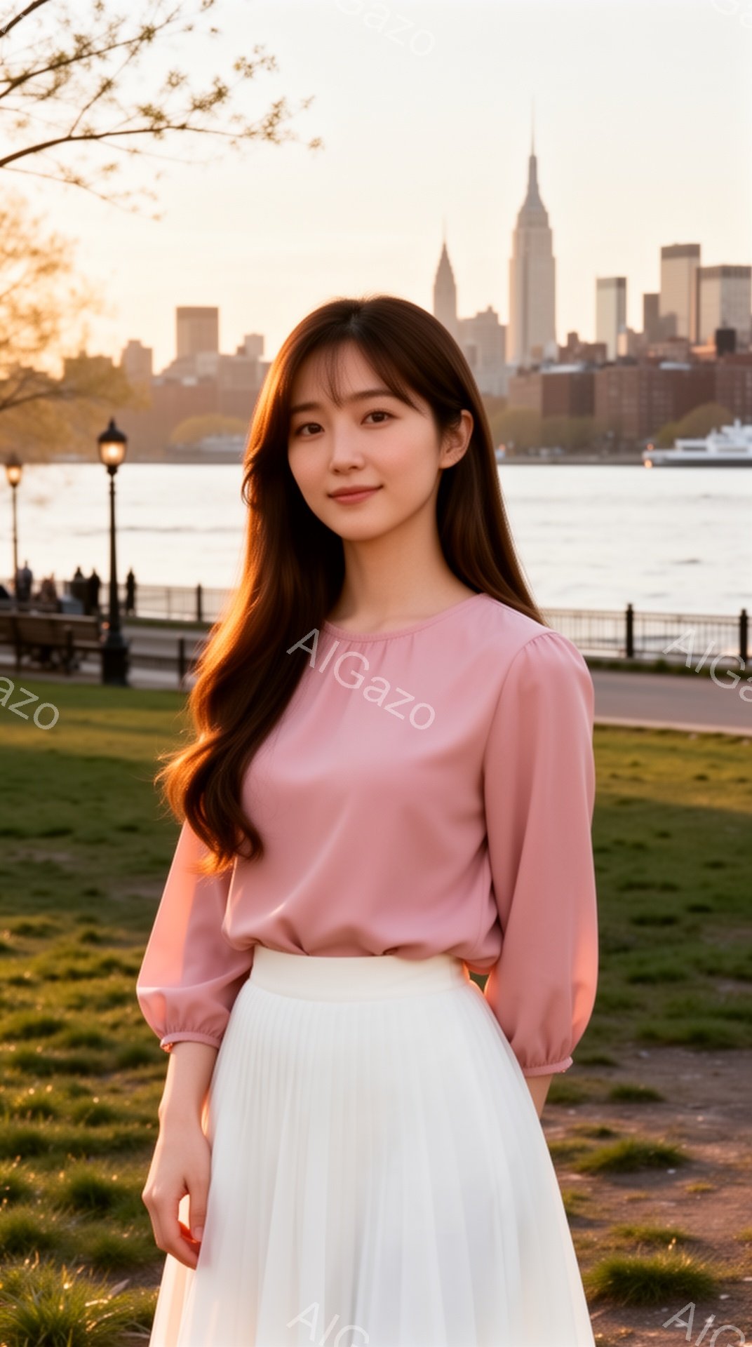 長い茶色の髪を無造作に垂らし、薄桃色のブラウスと白いプリーツスカートを身につけた女性が写っている。彼女は穏やかな笑顔を浮かべ、リラックスした姿勢で立っている。背景にはニューヨークのスカイラインと穏やか - AI生成フリー素材