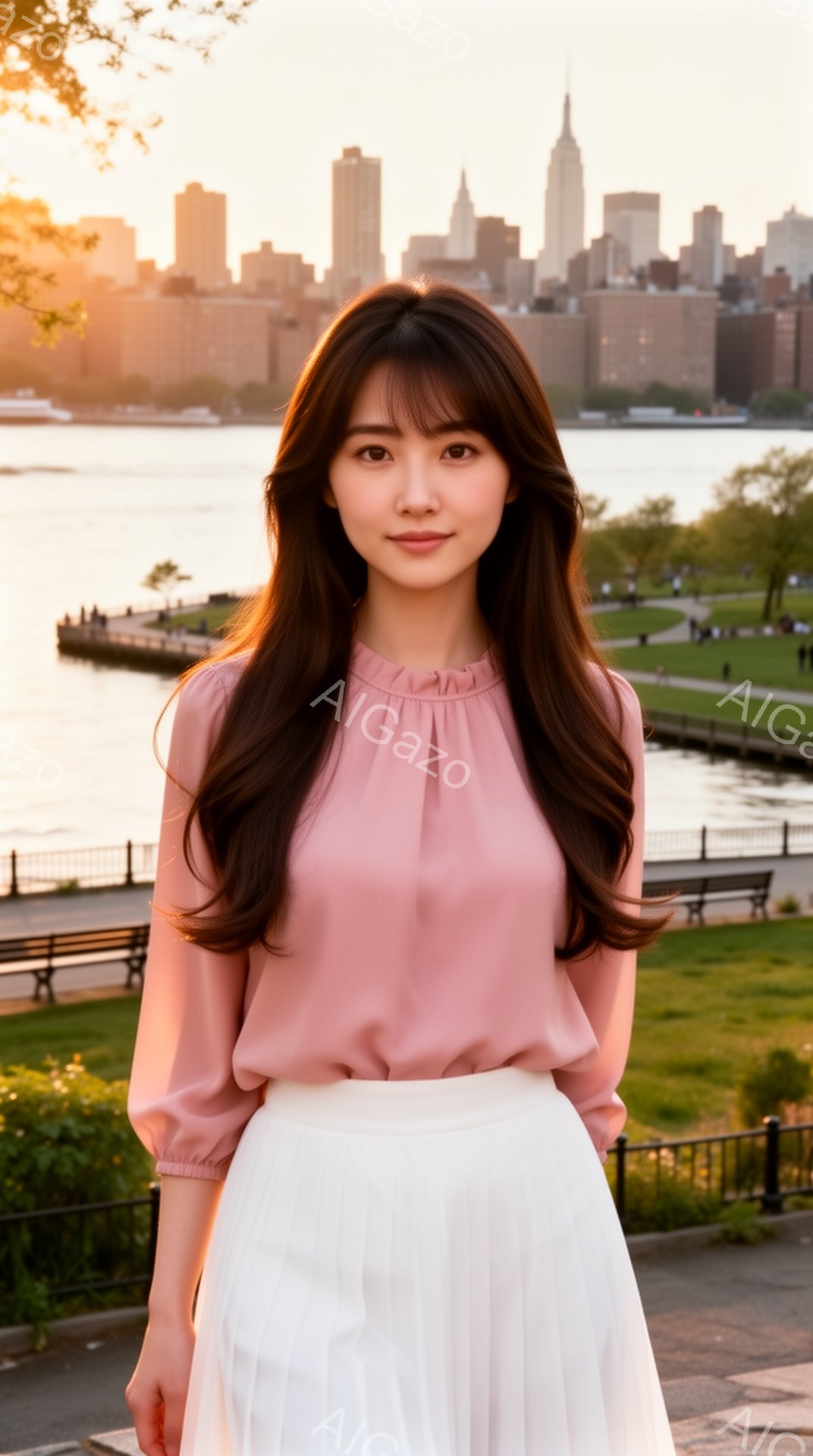 長い茶色の髪を肩から下でなびかせた女性が、薄いピンクのブラウスと白いプリーツスカートを身に着けて立っています。彼女は穏やかな表情で、少し微笑んでいるように見えます。背景には、夕暮れ時のマンハッタンのス - AI生成フリー素材