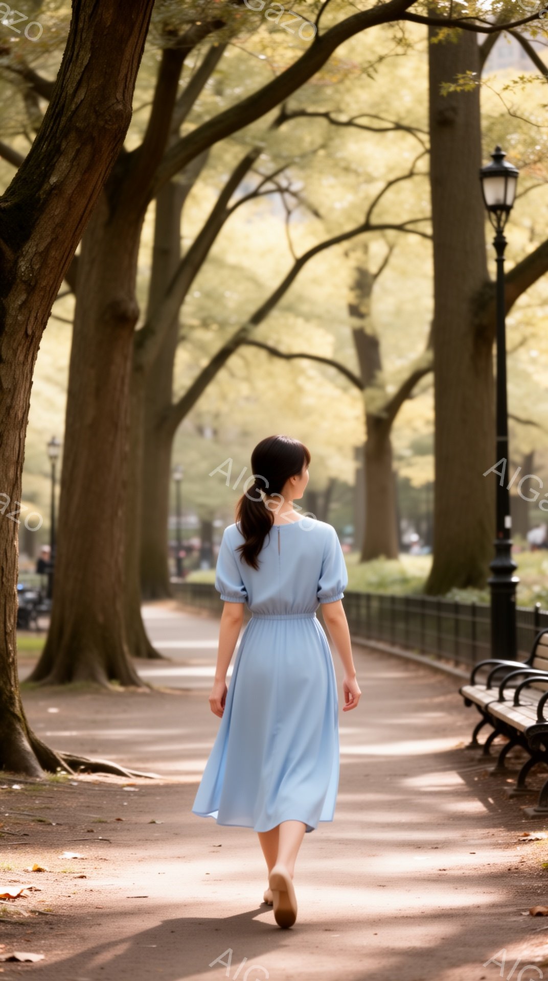 明るい青色の膝丈ワンピースを着た女性が、公園の遊歩道を歩いている後ろ姿が写っている。彼女は髪を後ろで一つにまとめ、リラックスした姿勢で、穏やかな春の日に散歩を楽しんでいるようだ。背景には緑豊かな木々と - AI生成フリー素材