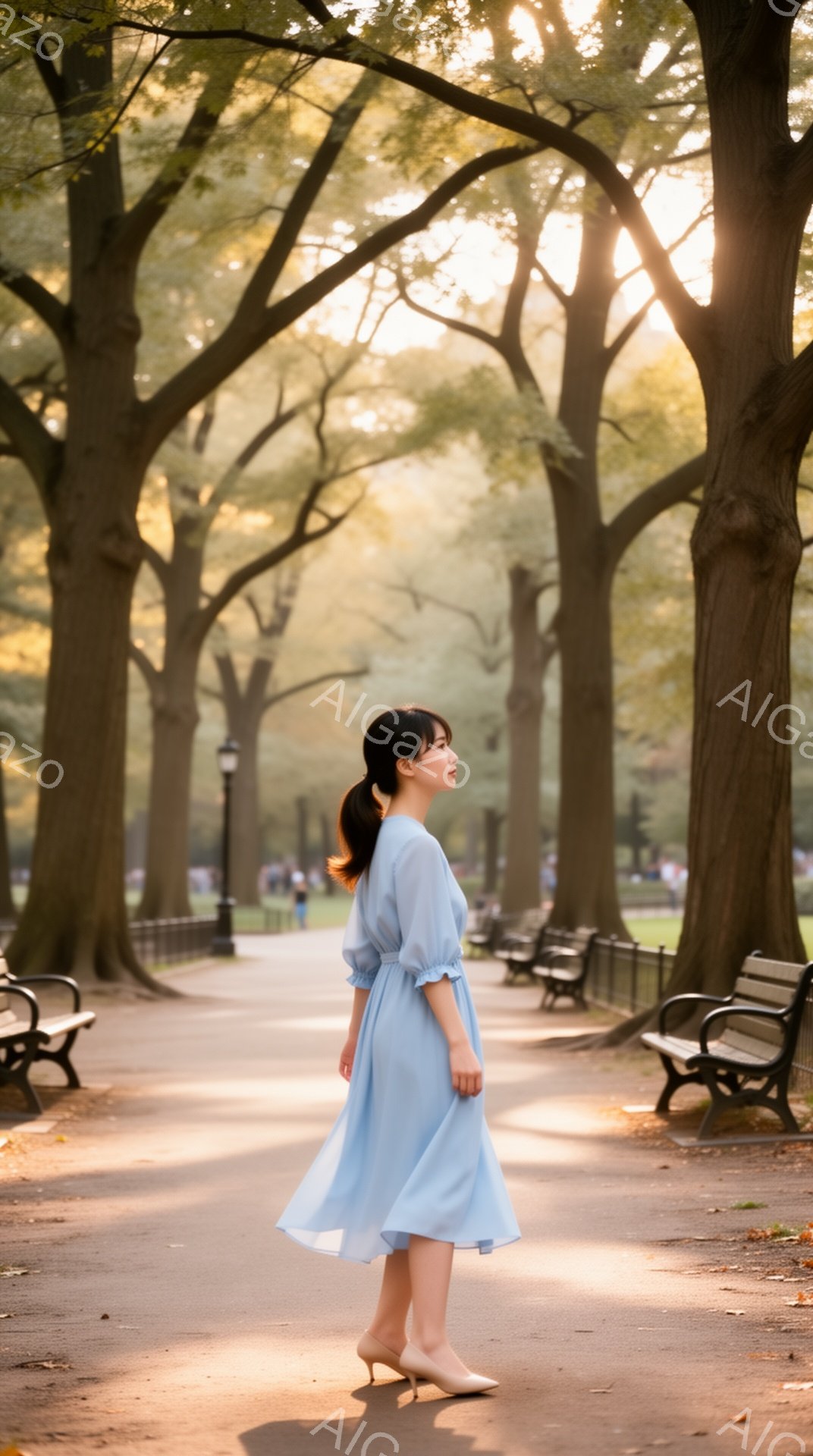 薄い水色の、ひざ丈のゆったりとしたワンピースを着た女性が、公園の遊歩道を歩いている。髪は後ろで一つにまとめられており、横顔は穏やかで優雅な印象を与える。背景には高い木々が並び、太陽の光が差し込み、柔らかな雰囲気を作り出している。