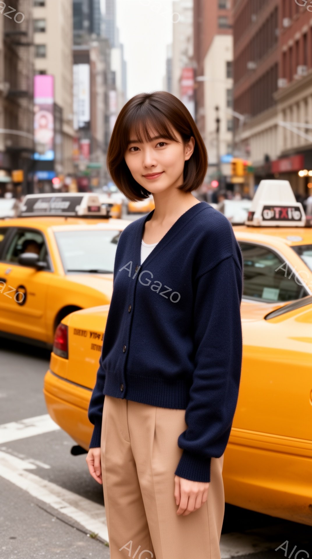 画像には、紺色のカーディガンとベージュのパンツを着用した若い女性が写っています。彼女は控えめな笑顔でカメラを見つめ、少し前かがみの姿勢で立っています。背景にはニューヨークの街並み、タクシー、そして曇天が広がっており、カジュアルで都会的な雰囲気を醸し出しています。