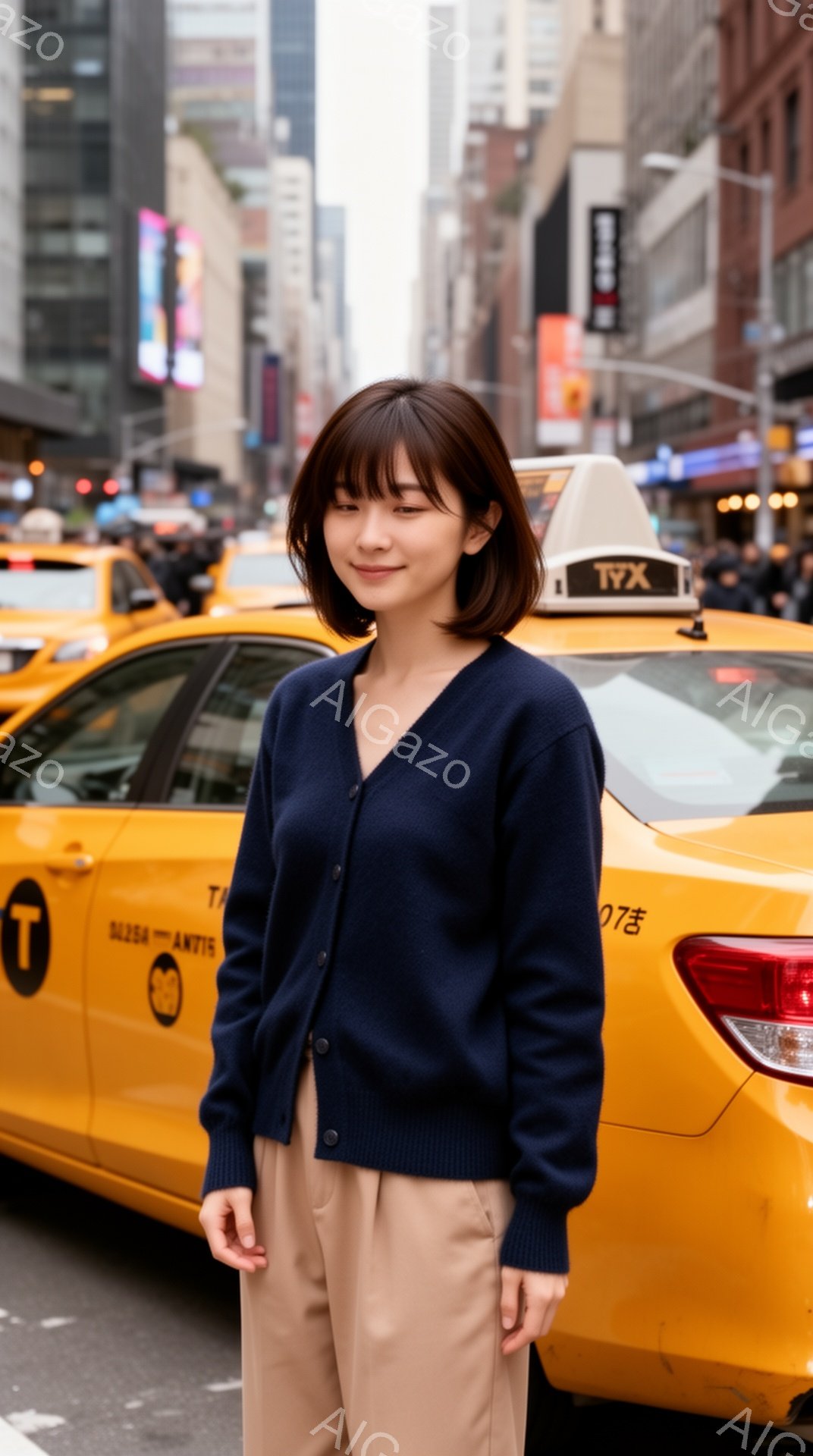 茶髪のショートヘアの女性が、紺色のカーディガンとベージュのパンツを身につけて立っています。彼女は少し微笑んでおり、リラックスした姿勢でカメラの方を見ています。背景には、ニューヨークの街並みと黄色いタクシーが見え、晴れた日の賑やかな雰囲気が伝わってきます。