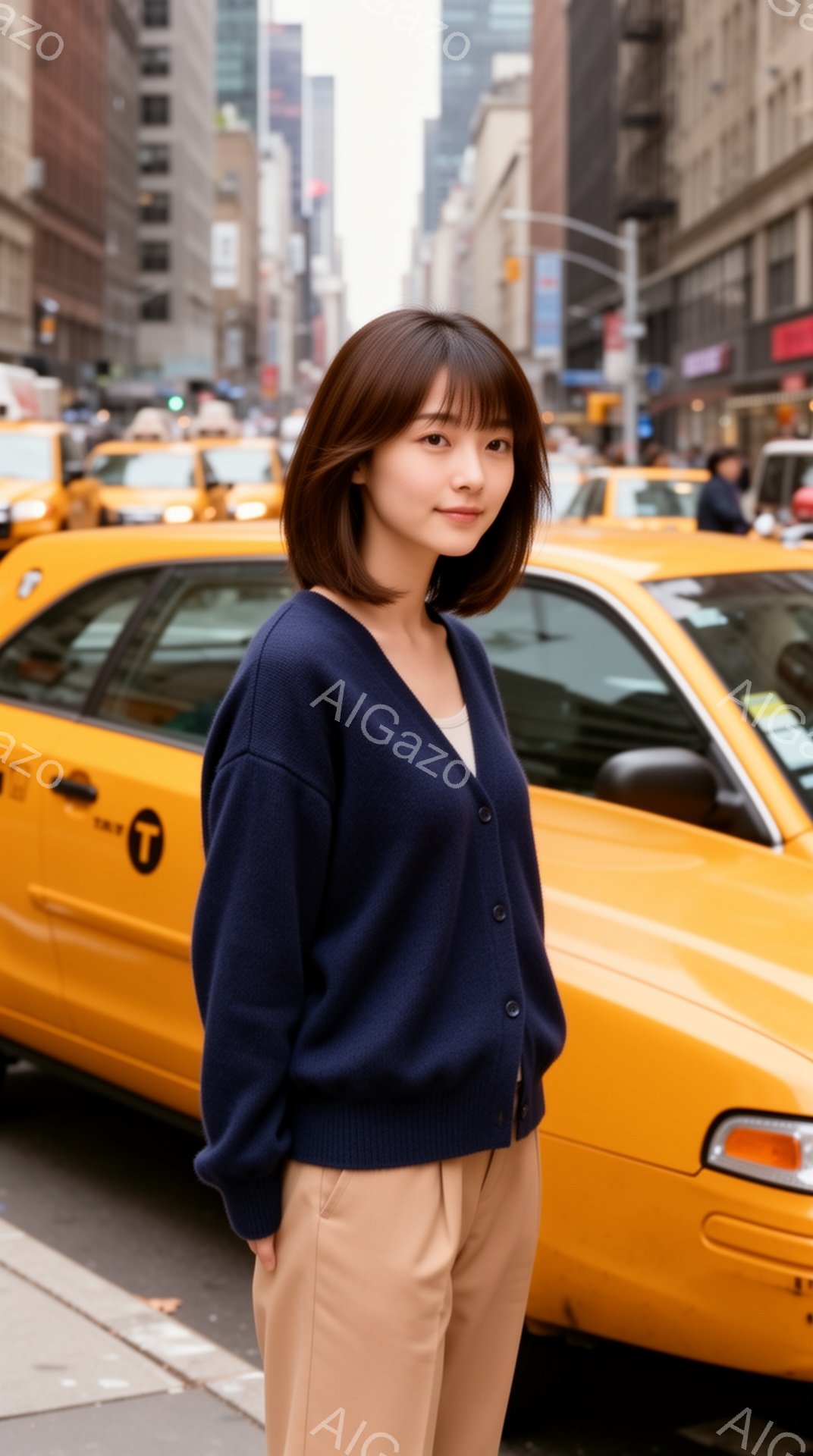 浅い栗色の髪で、前髪ぱっつんの女性が紺色のカーディガンとベージュのパンツを着用して立っています。彼女は少し微笑んでおり、リラックスした姿勢でカメラを見ています。背景にはニューヨークの街並み、黄色いタクシー、そして曇り空が広がっており、都会的でカジュアルな雰囲気が漂っています。