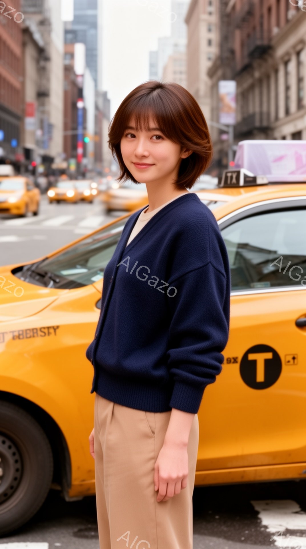 明るい茶髪のショートボブヘアの女性が、紺色のカーディガンとベージュのパンツを身につけ、少し微笑んでいます。彼女は道路の横に立ち、リラックスした姿勢でカメラを見ています。背景にはニューヨークの街並み、タクシー、そしてやや曇り空が広がっています。