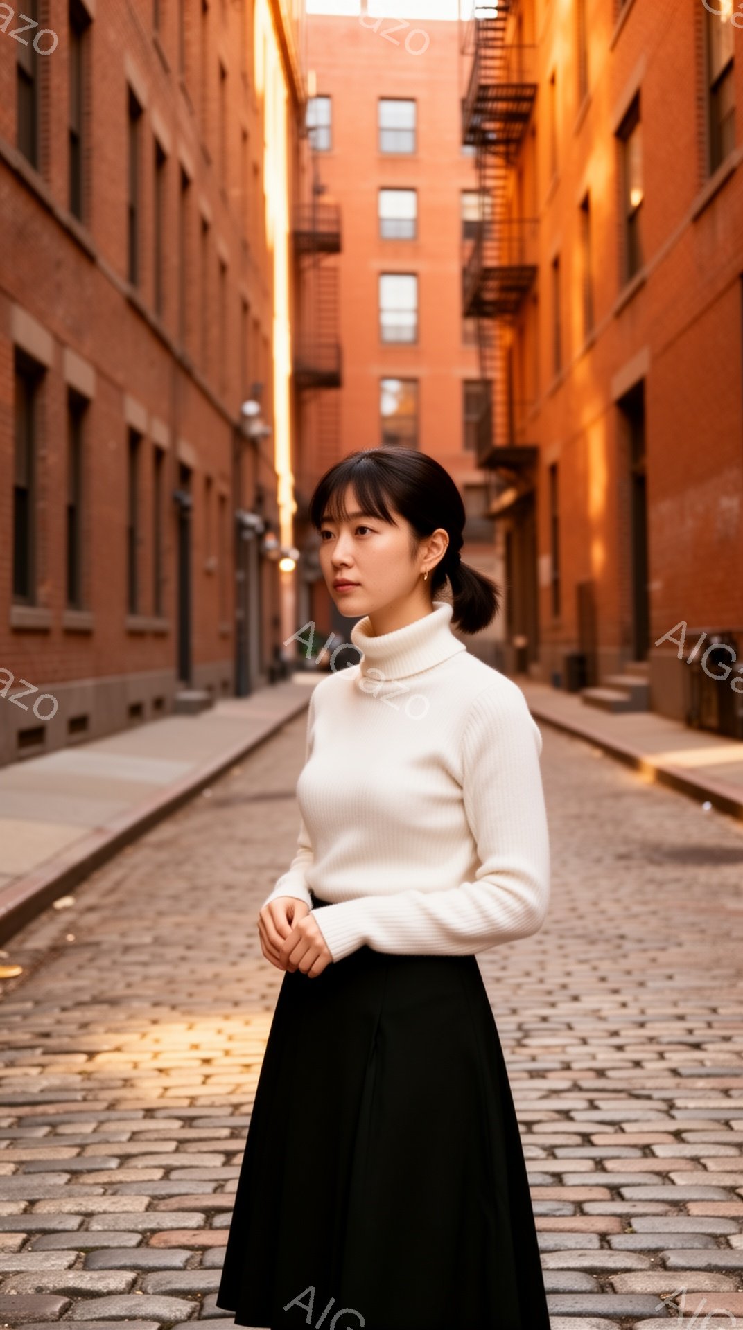 煉瓦造りの路地を背景に、白いセーターと黒いスカートを身に着けた女性が立っている。彼女は髪を後ろでまとめ、少し憂いを帯びた表情で、わずかに横を向いている。路面は石畳で、建物は赤茶色をしており、全体的に落ち着いた、どこかノスタルジックな雰囲気を醸し出している。