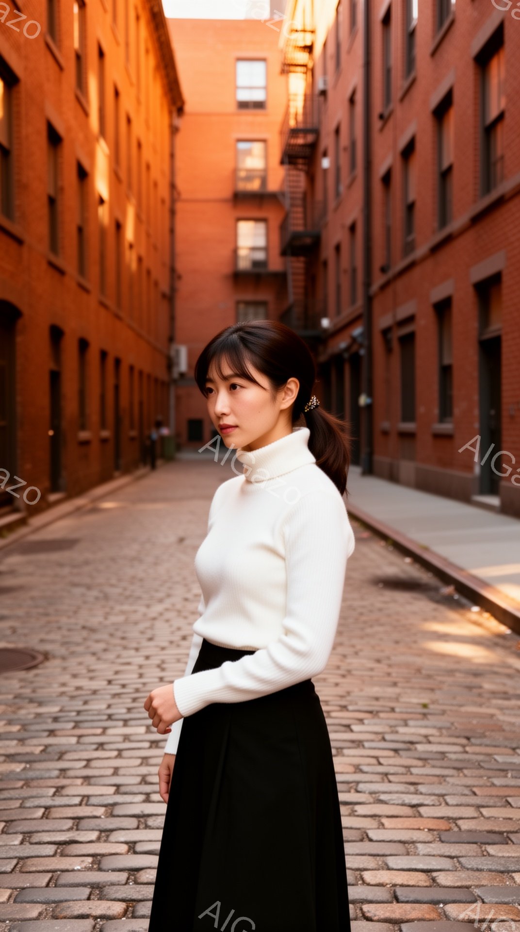 白いタートルネックセーターと黒のロングスカートを身につけた女性が、石畳の路地に立っている。髪は後ろで一つにまとめられ、横顔には穏やかな表情が浮かんでいる。背景にはレンガ造りの建物が立ち並び、夕暮れ時の暖かく落ち着いた雰囲気を醸し出している。