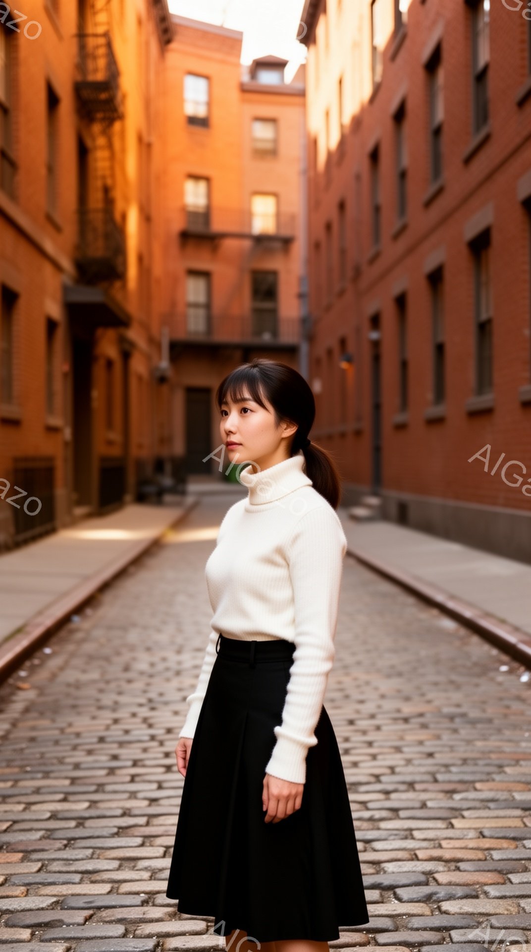 この女性は、白のセーターと黒の膝丈スカートを身に着け、ストレートヘアをポニーテールにしています。彼女は少し横を向き、遠くを見つめており、落ち着いた表情をしています。背景はレンガ造りの建物が並ぶ石畳の道で、夕暮れ時の暖かく穏やかな雰囲気が漂っています。