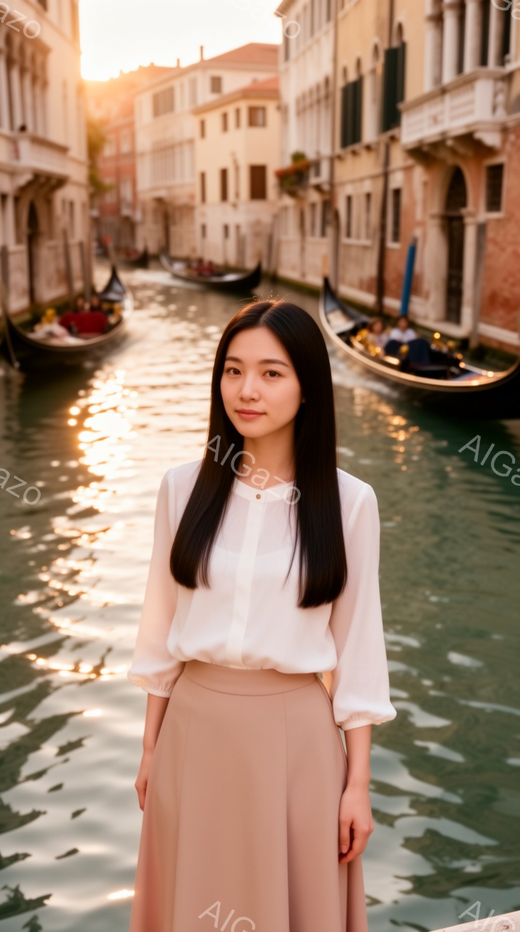長い黒髪を後ろに流した女性が、オフホワイトのブラウスとベージュのスカートを身に着けて立っている。彼女は穏やかな表情で、わずかに微笑んでいるように見える。背景には、水路とゴンドラ、そして日没時の暖かい光に照らされたヴェネツィアの建物が広がっており、ロマンチックで穏やかな雰囲気を醸し出している。