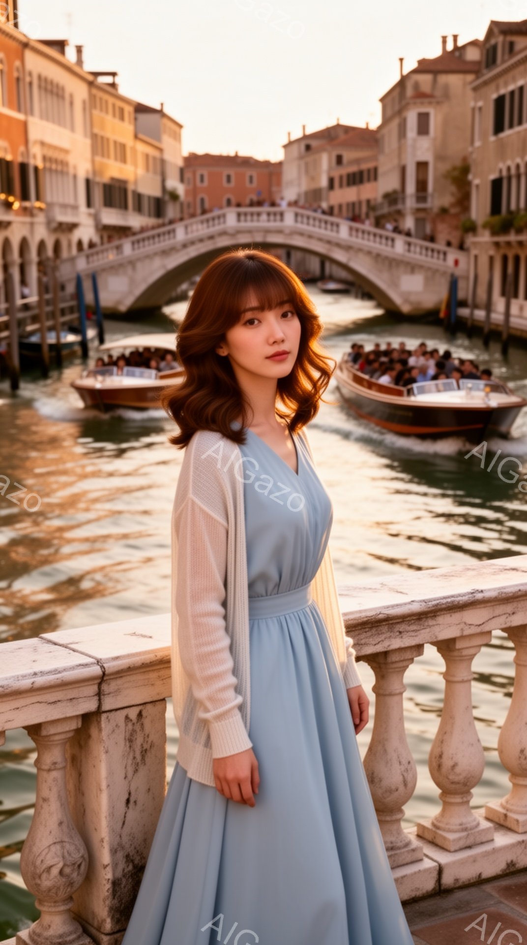 明るい青色のワンピースに白いカーディガンを羽織った女性が、運河の石造りの柵にもたれて立っている。彼女は肩までの長さの茶色の髪をしており、わずかに微笑んでいる表情で、穏やかな雰囲気を醸し出している。背景には、運河に浮かぶゴンドラやボート、そしてヴェネツィアの建物がぼんやりと見え、夕暮れ時の柔らかい光が全体を包んでいる。
