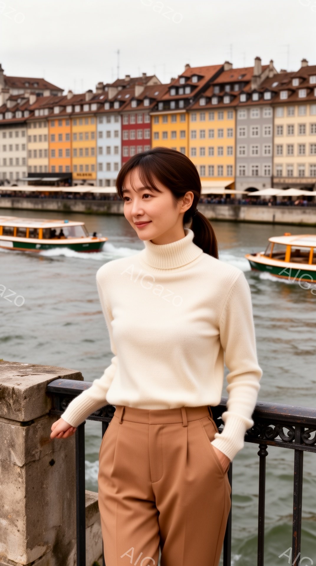 若い女性が、クリーム色のタートルネックセーターとキャメル色のパンツを身に着け、フェンスにもたれて微笑んでいます。彼女は暗い髪を後ろでまとめ、穏やかな表情を浮かべています。背景には、カラフルな建物が並ぶ川があり、天候は曇りですが、全体的に穏やかで心地よい雰囲気です。