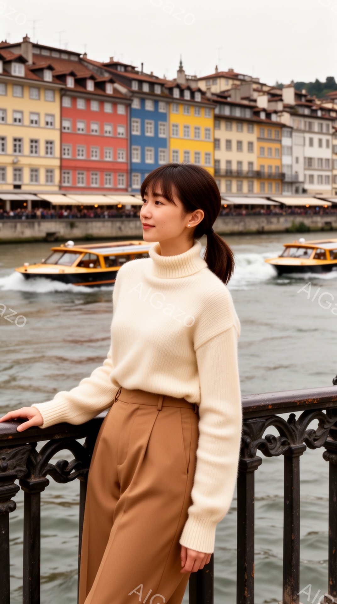 長い髪を後ろで一つにまとめた女性が、クリーム色のセーターとキャメル色のパンツを身につけて、運河沿いの黒い金属製の柵にもたれかかっています。彼女は少し微笑んでおり、遠くのカラフルな建物群を眺めています。背景には、水面を走るボートと、カラフルな建物が並ぶ美しい街並みが広がっており、穏やかで暖かい雰囲気が漂っています。