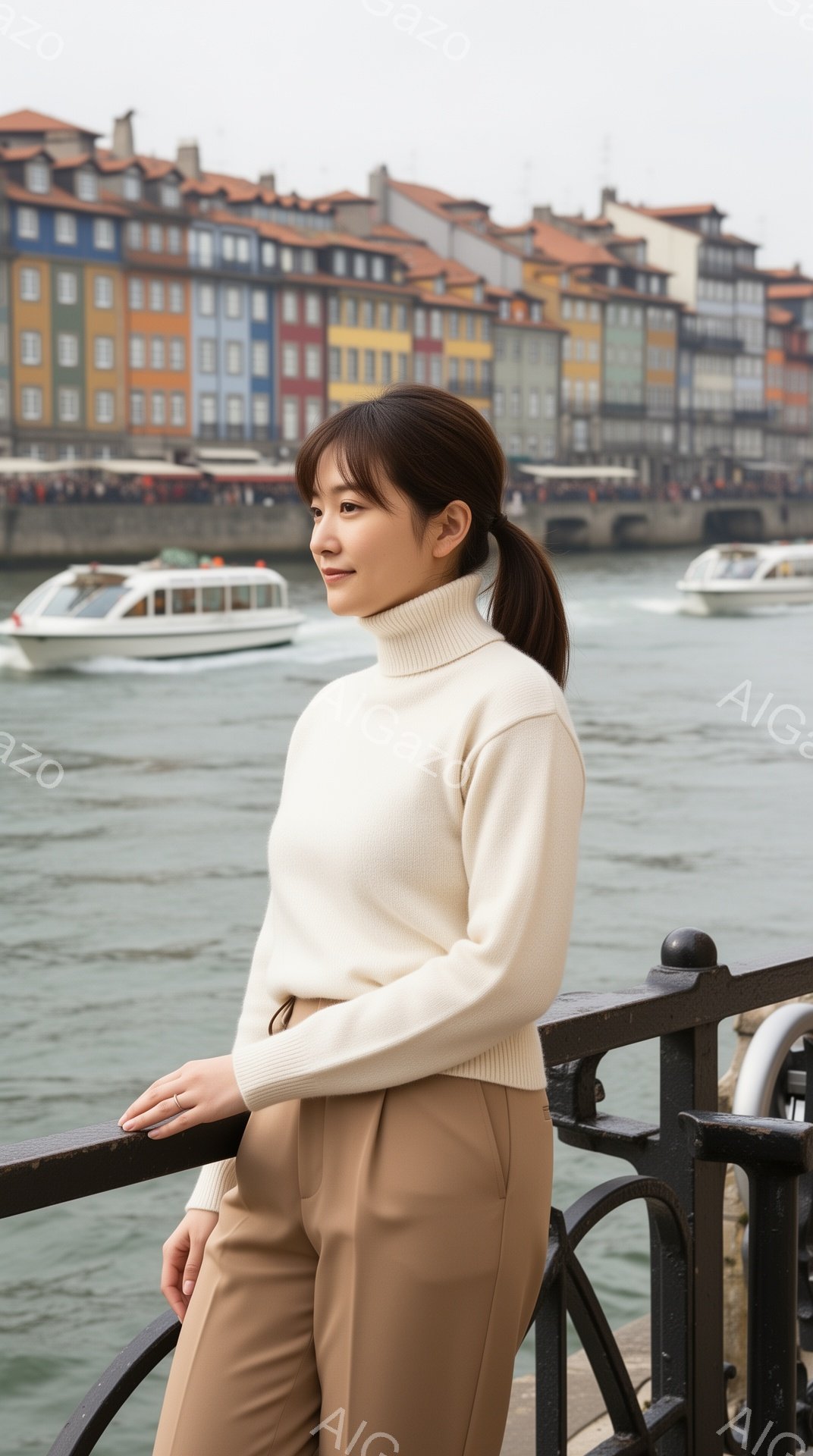 穏やかな表情の女性が、石造りの柵にもたれながら水辺を眺めている。ベージュのセーターとパンツを身につけ、髪は後ろで一つにまとめている。背景にはカラフルな建物が並び、水面にはボートが浮かび、晴れた日の穏やかな雰囲気を醸し出している。