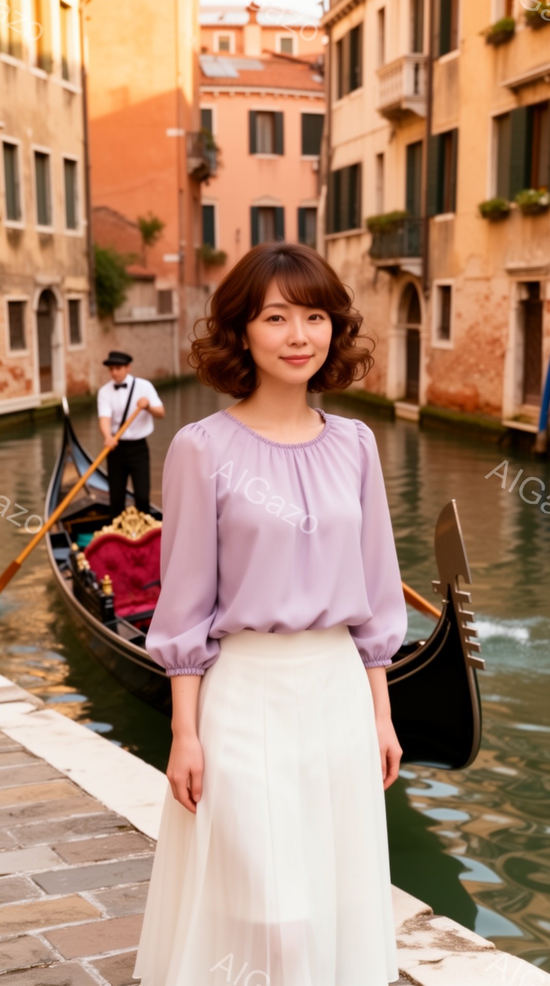 画像には、水路のそばに立つ若い女性が写っています。彼女は薄紫色のブラウスと白いプリーツスカートを着用し、髪は肩までの長さで軽くカールしています。背景にはヴェネツィアの建物が並び、水路にはゴンドラが浮か - AI生成フリー素材