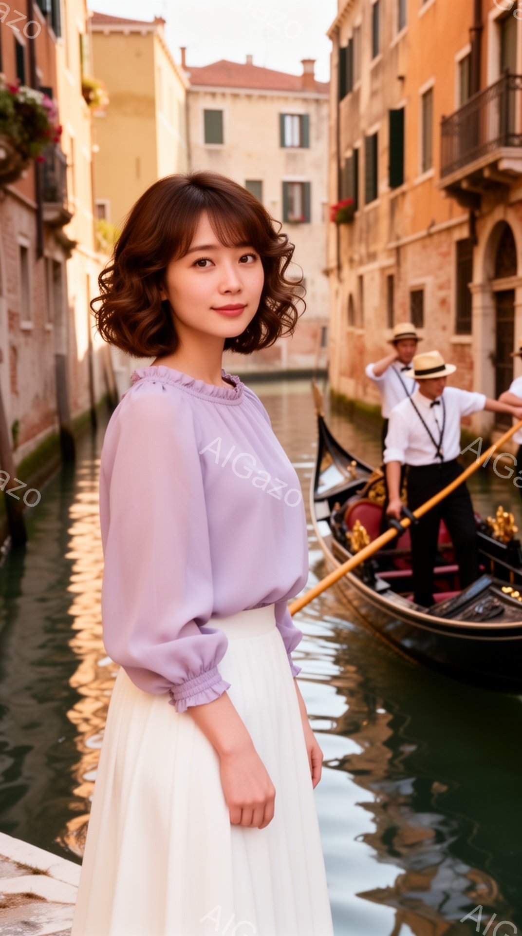 淡い紫色のブラウスに白いプリーツスカートを身に着けた若い女性が、ヴェネツィアの運河沿いに立っている。彼女は軽く微笑み、前髪を分けてふんわりとカールさせたヘアスタイルをしている。背景には、古い建物が立ち - AI生成フリー素材