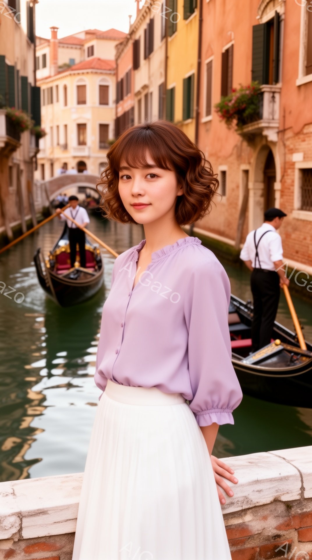 明るい紫色のブラウスと白いプリーツスカートを身に着けた女性が、運河の縁に立っている。彼女は少し微笑んでおり、髪は肩までの長さで、前髪は眉毛にかかるようにカットされている。背景には、カラフルな建物が立ち - AI生成フリー素材