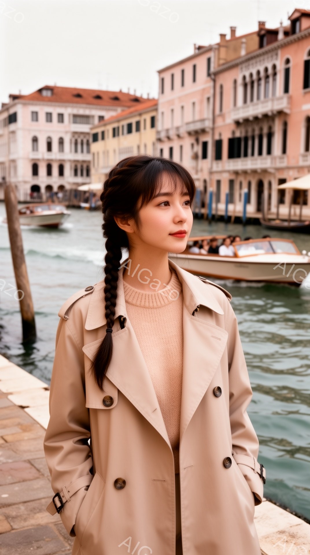 長い黒髪を編み込みにした若い女性が、ベージュ色のトレンチコートとベージュのセーターを着て立っています。彼女は少し上目遣いで、穏やかな表情を浮かべています。背景には、運河とカラフルな建物が並び、水面にはボートが浮かんでいます。