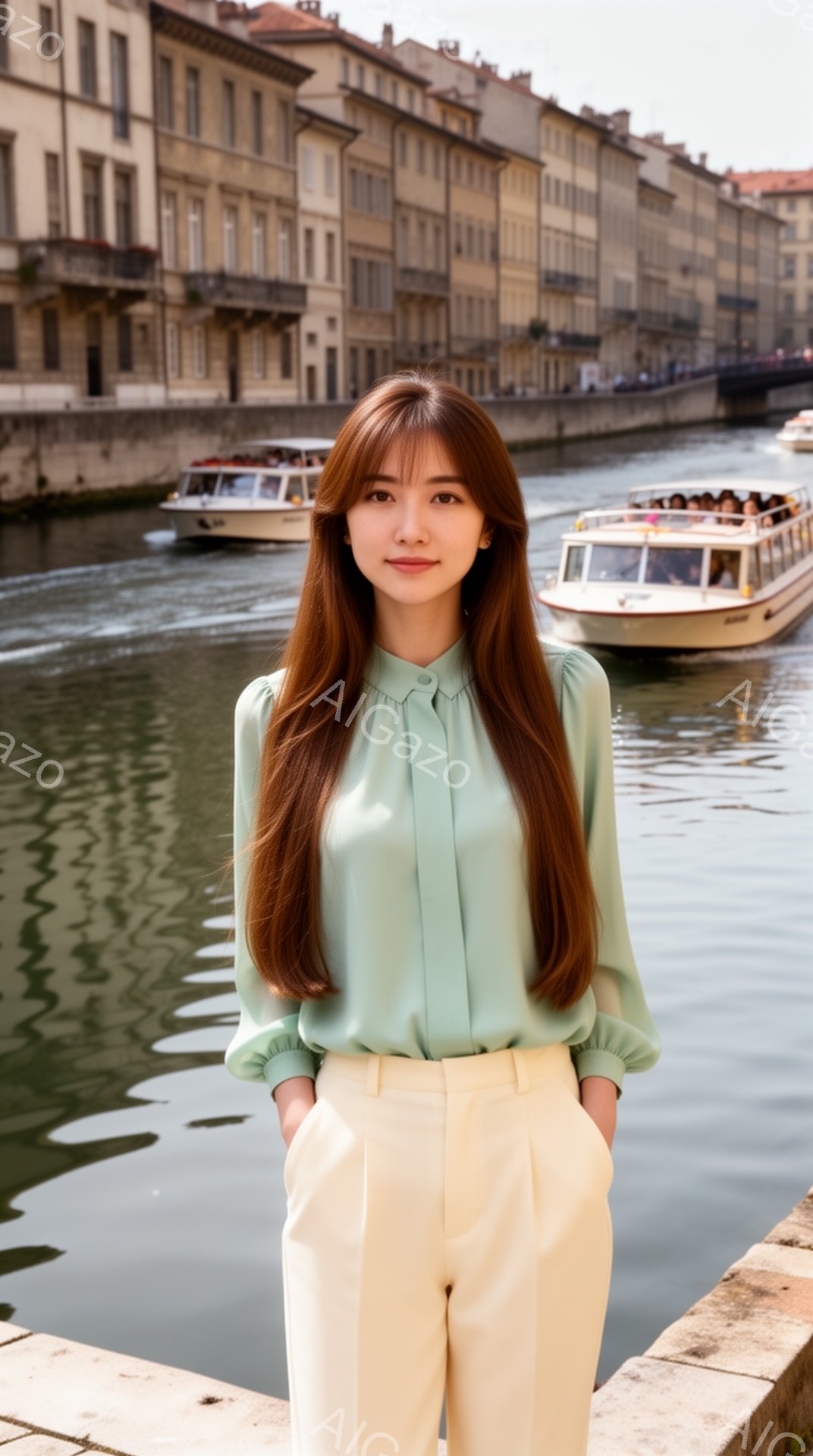 長い茶色の髪をセンターパートにした女性が、水路沿いの石畳の道に立っている。淡い緑色のブラウスとクリーム色のパンツを着用し、両手をポケットに入れたリラックスした姿勢で、穏やかな表情をしている。背景には石造りの建物が並び、水面にはボートが浮かんでおり、晴れた日の穏やかな雰囲気が漂う。