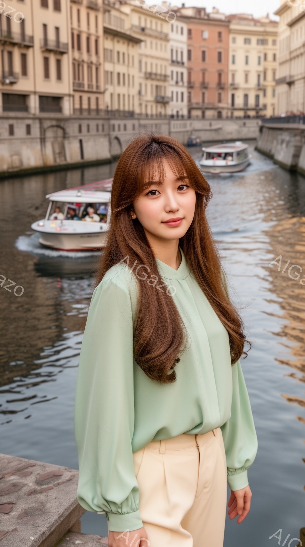 長い茶色の髪はゆるやかなカールを描き、顔周りをふんわりと囲んでいます。淡い緑色のブラウスにベージュのパンツを合わせ、優雅な雰囲気です。背景には運河と歴史的な建物が広がり、穏やかで落ち着いた空気が漂っています。