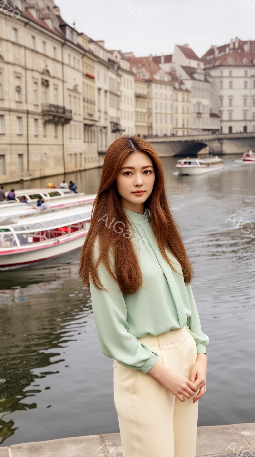 長い茶色の髪をなびかせ、薄い緑色のブラウスとクリーム色のパンツを着用した女性が写っている。彼女は正面を少し見下ろし、落ち着いた表情で立っている。背景には、穏やかな水面を航行するボートと、石造りの建物が並ぶ風景が広がっており、全体的に穏やかで洗練された雰囲気である。