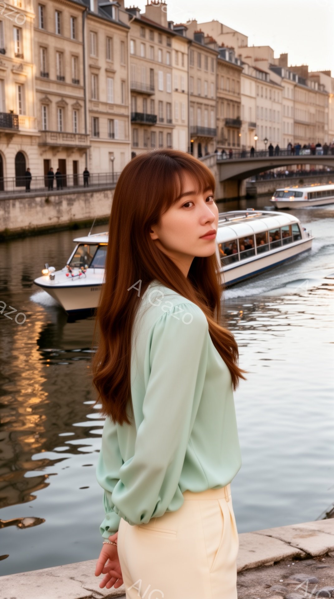 長い茶色の髪をした女性が、薄緑色のブラウスとオフホワイトのパンツを身に着けています。彼女は少し振り返り、穏やかな表情でカメラを見ています。背景には石造りの建物が並び、水面に反射した光が揺らめき、穏やか - AI生成フリー素材