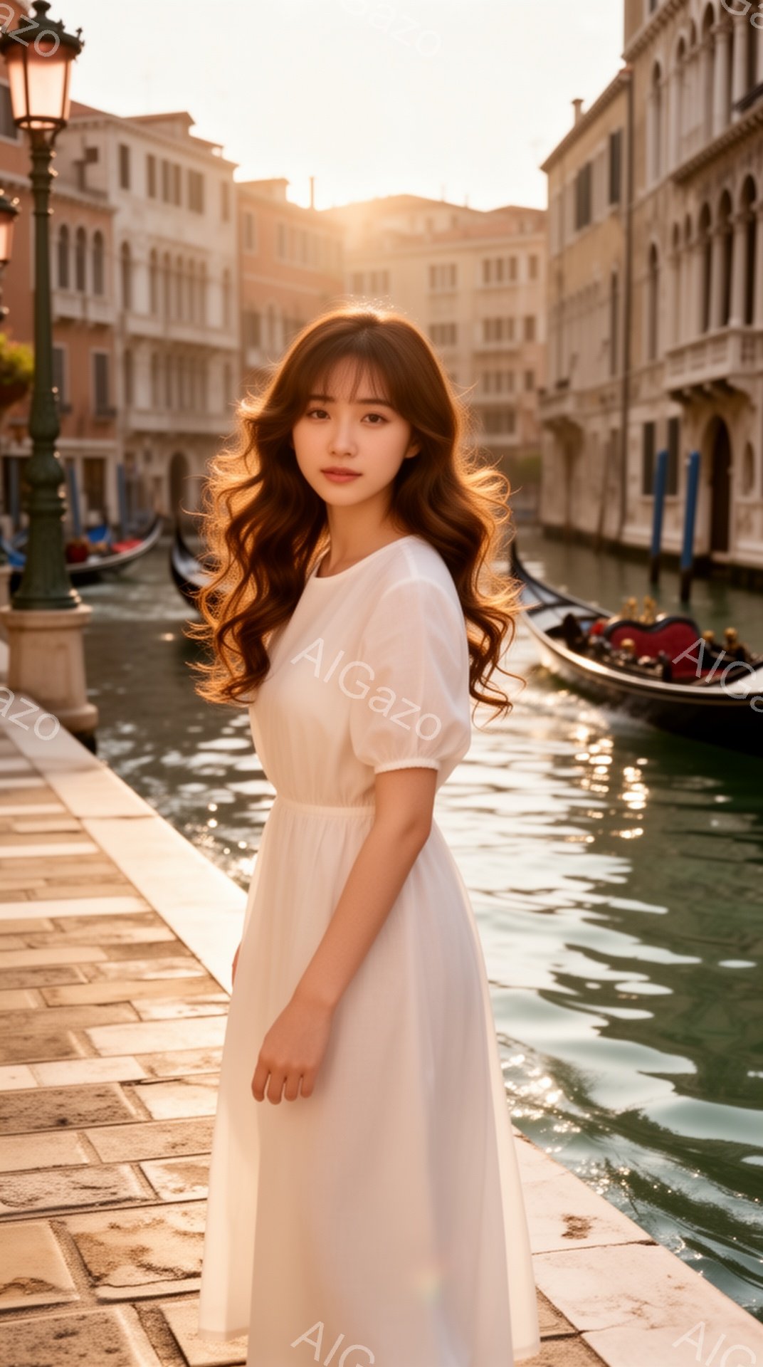 長い茶色の髪を優雅に揺らし、白いワンピースを着た女性が写っている。彼女は石畳の道に立ち、ヴェネツィアの運河沿いを見つめている。背景には、日差しに照らされた古い建物が並び、穏やかでロマンチックな雰囲気を醸し出している。