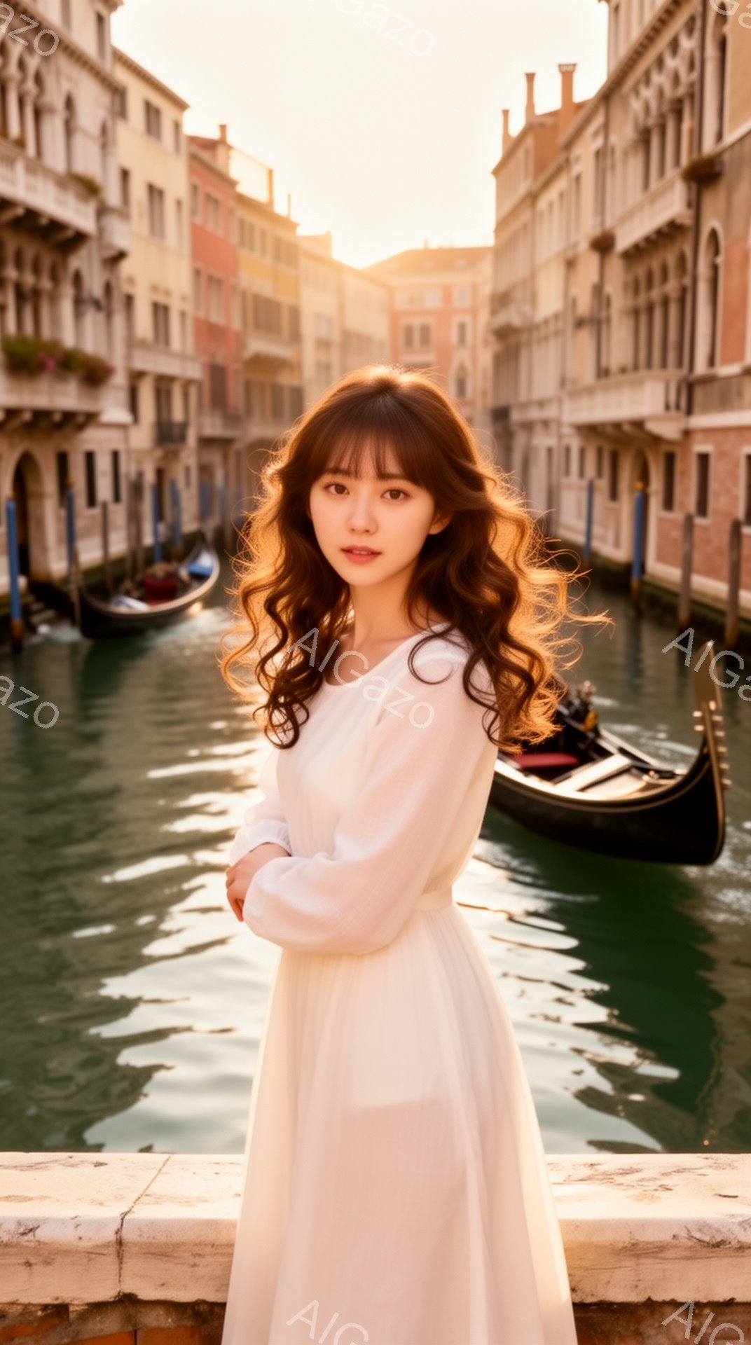 白いロングドレスを着た女性が、ヴェネツィアの運河沿いの石垣に寄りかかっている。彼女は肩までの長さの茶色の髪をしており、少し微笑んでいる。背景には、ヴェネツィアのカラフルな建物とゴンドラが並び、夕暮れ時の暖かい光が全体を包み込んでいる。