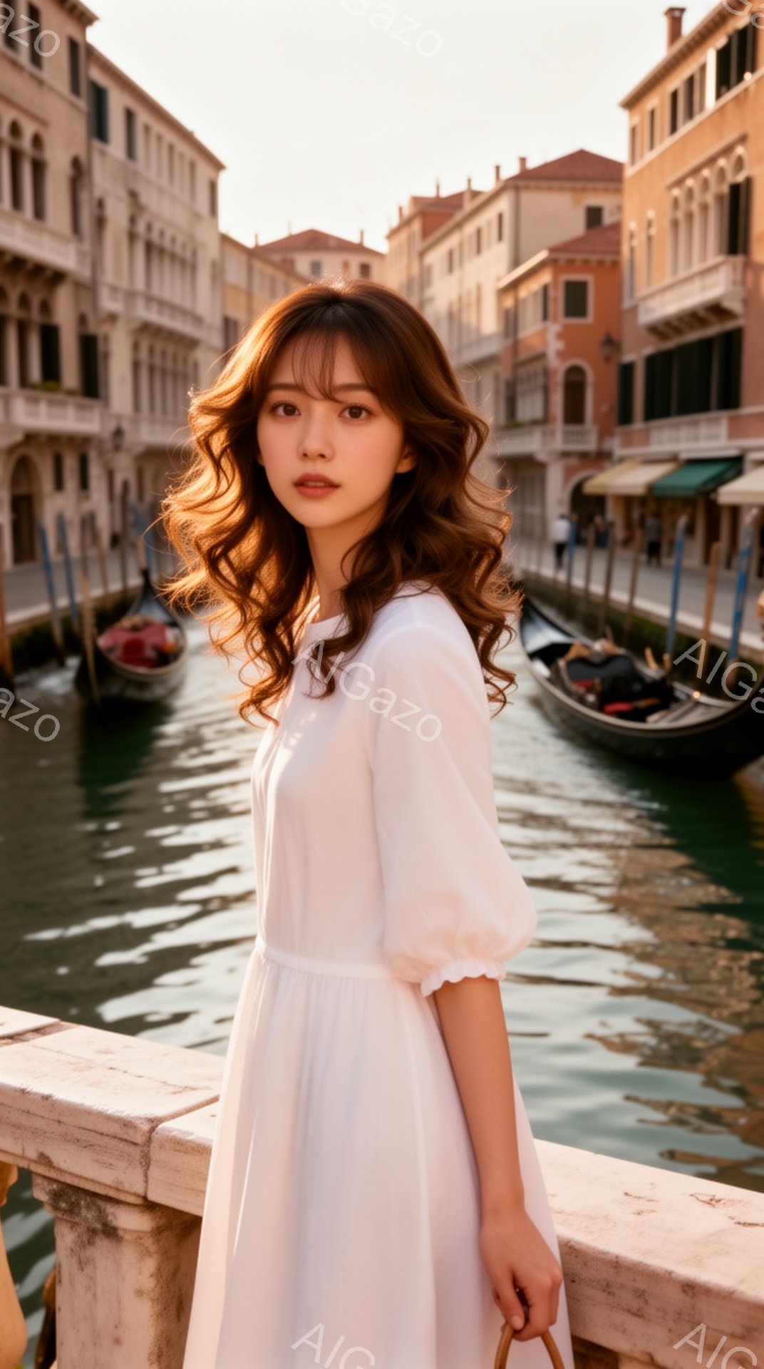 長い茶色の髪を肩にかけた女性が、白いゆったりとしたワンピースを着て欄干に寄りかかっています。彼女は穏やかな表情で、ヴェネツィアの運河を背景に、どこか物憂げな雰囲気を漂わせています。背景にはカラフルな建物が立ち並び、運河にはゴンドラが浮かび、夕暮れ時の穏やかな光が全体を包んでいます。