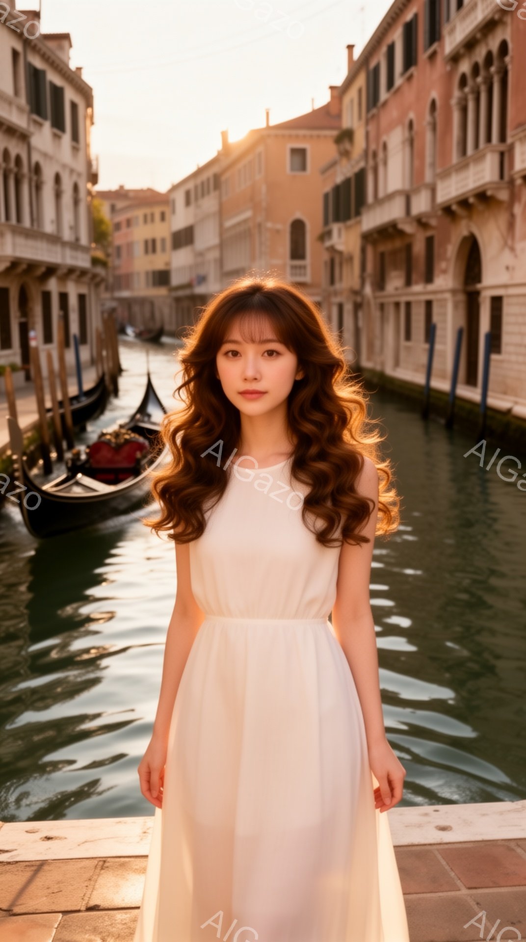 長い髪を軽くカールさせた若い女性が、白いロングドレスを着て正面を見つめている。ヴェネツィアの運河沿いの石畳の上に立ち、背景にはカラフルな建物が並び、夕暮れ時の柔らかな光が水面に反射している。穏やかでロマンチックな雰囲気が漂う、旅の思い出を切り取ったような一枚である。
