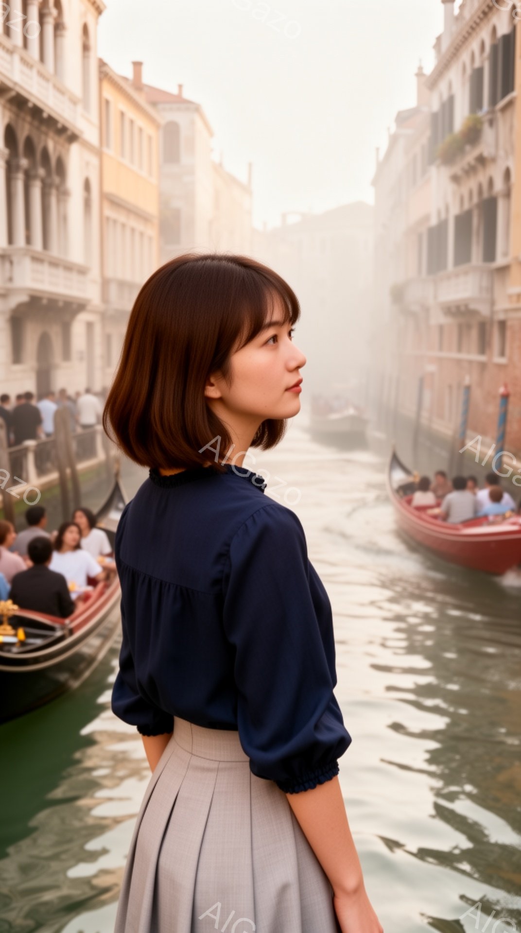 この女性は紺色のブラウスとグレーのプリーツスカートを着用し、横を向いて少し微笑んでいます。背景にはヴェネツィアの運河とゴンドラ、そして霞んだ建物が並び、朝もやがかかった幻想的な雰囲気を醸し出しています。彼女の姿勢は優雅で、運河の穏やかな水面と相まって、静けさと美しさを感じさせます。
